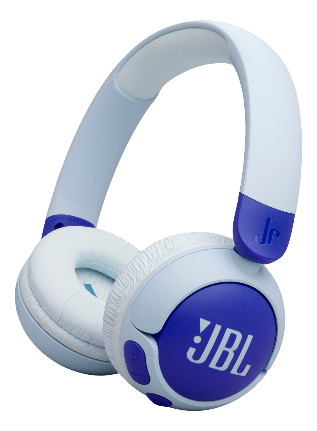 Casque JBL bleu et blanc. Ils sont de style circum-auriculaire. Le logo JBL est visible.