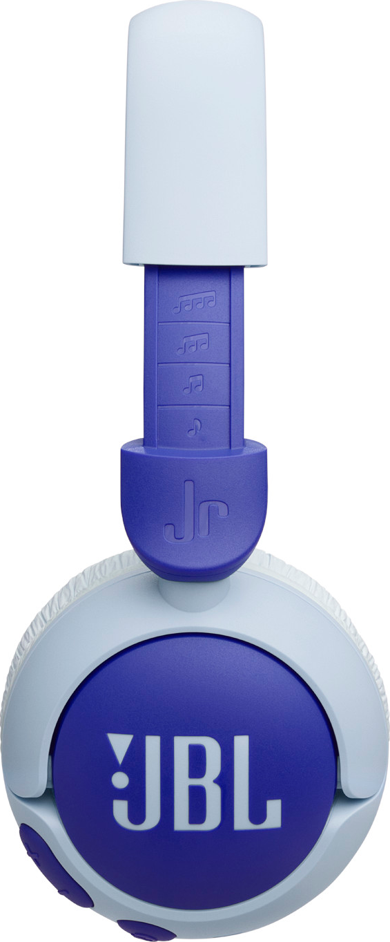 Casque JBL bleu et blanc avec bandeau réglable violet.