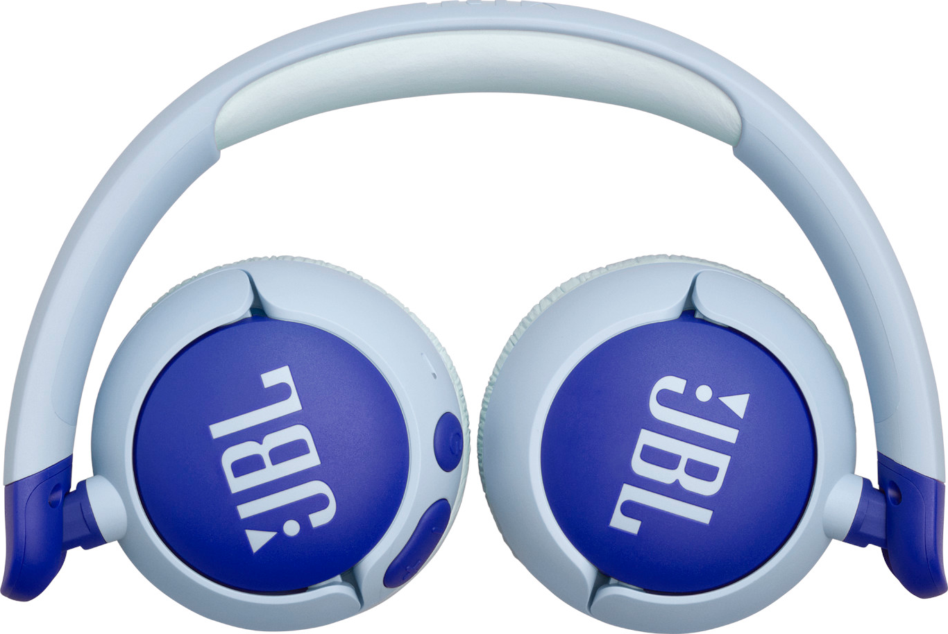 Casque JBL bleu et blanc, écouteurs et bandeau, sur fond blanc.