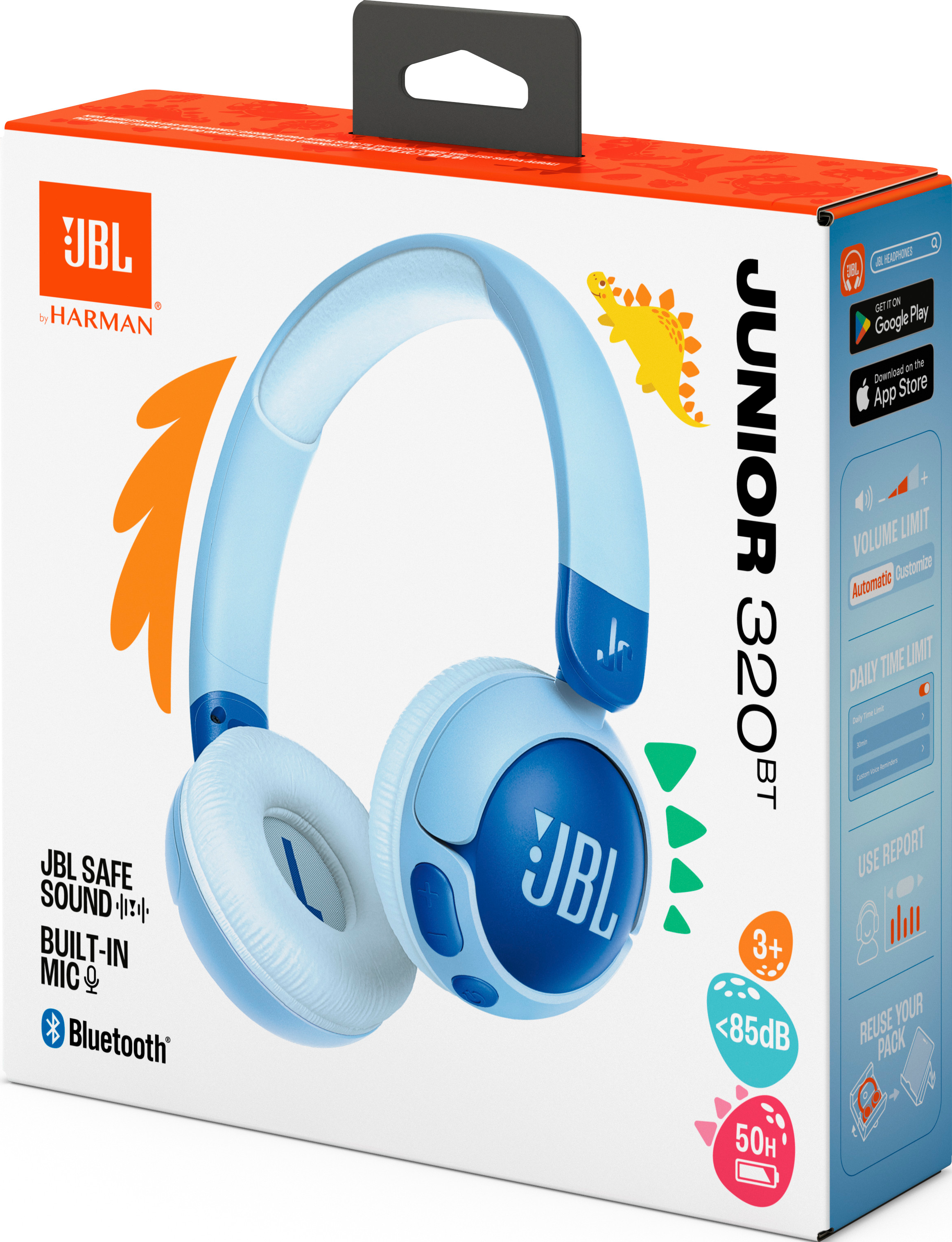 Boîte de casque JBL bleu et blanc pour enfants. Avec un graphique de dinosaure et des limites de volume.