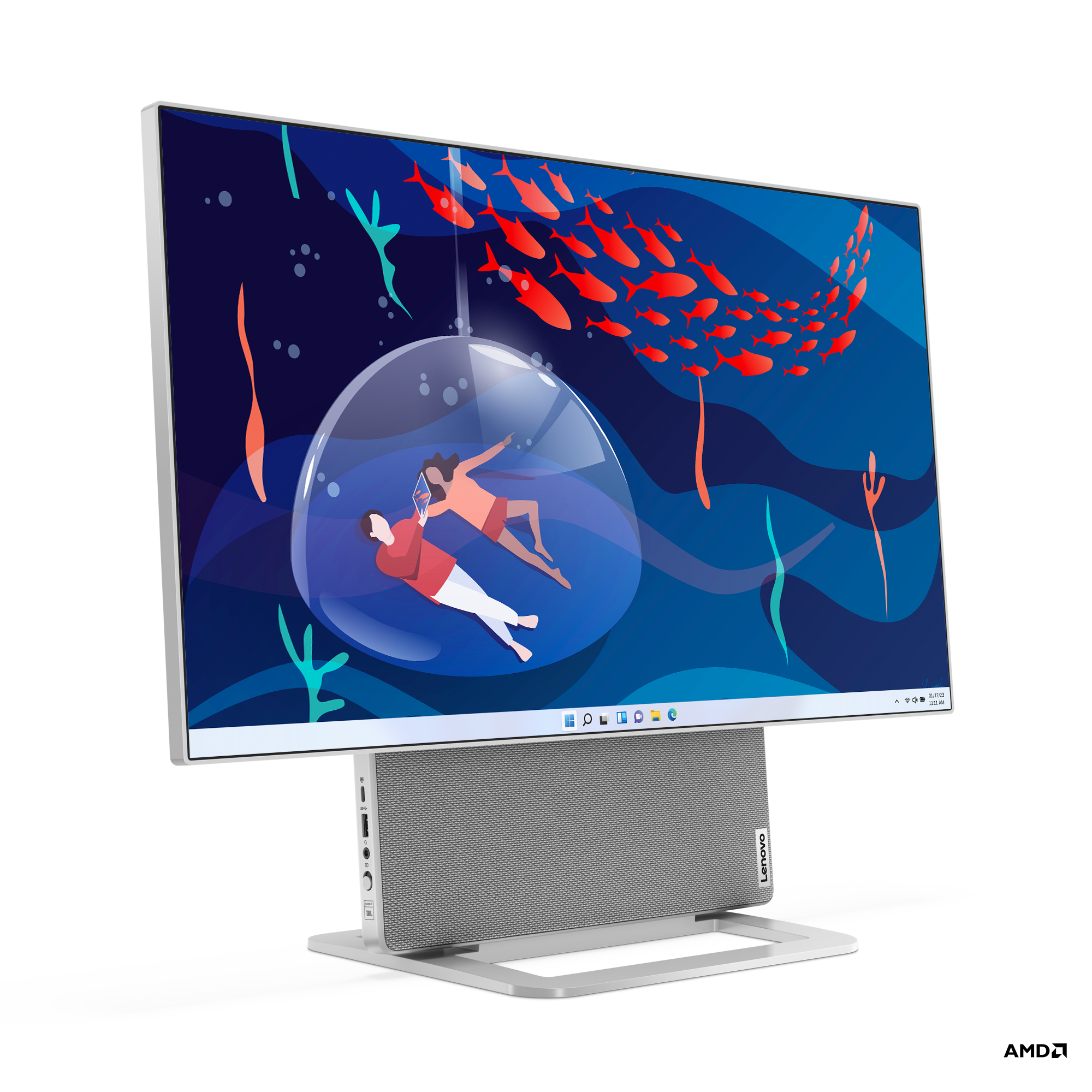 Lenovo hepsi bir arada bilgisayar. Ekran, figürler ve kırmızı balıklarla su altı sahnesini gösteriyor.