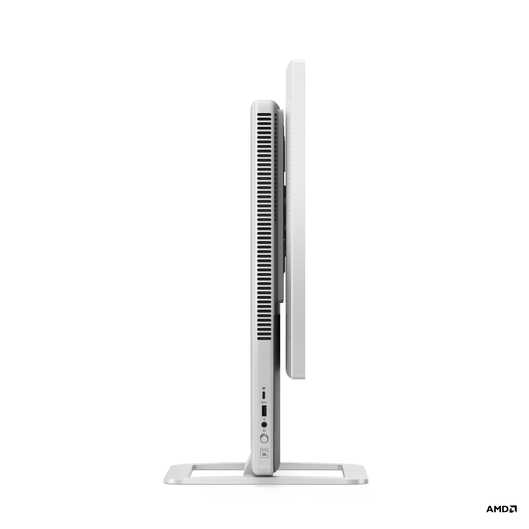Bir stand üzerinde beyaz bir bilgisayar monitörünün yan görünümü. Basit bir tasarım.
