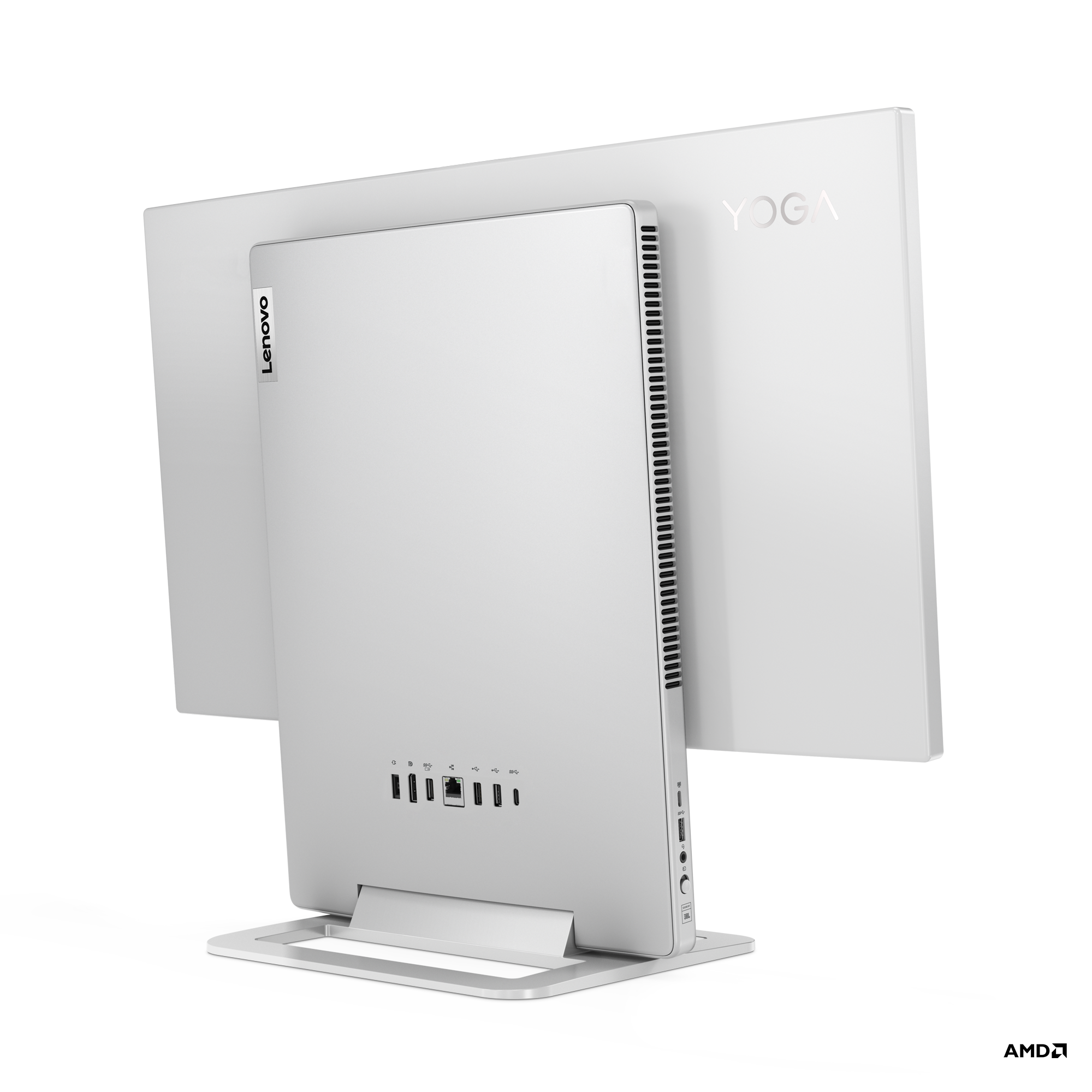 Beyaz Lenovo Yoga all-in-one PC, arka görünüm. Bağlantı noktaları, havalandırma ve ekran içerir.