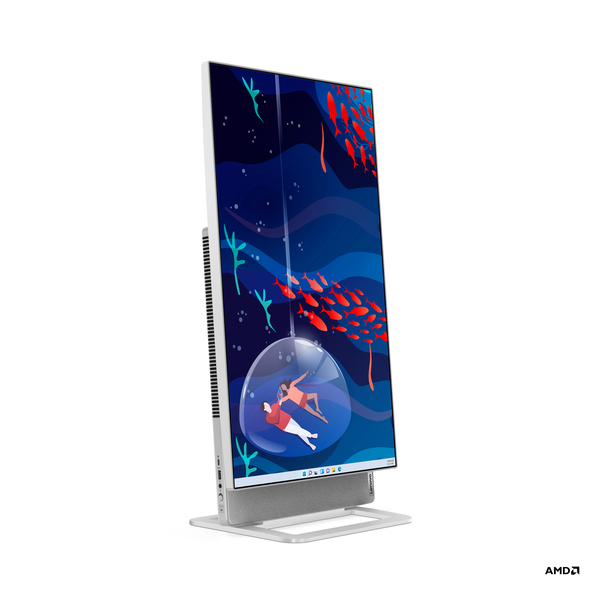 Beyaz Lenovo monitör, su altında bir baloncukta bir çiftin renkli ekran görüntüsü.