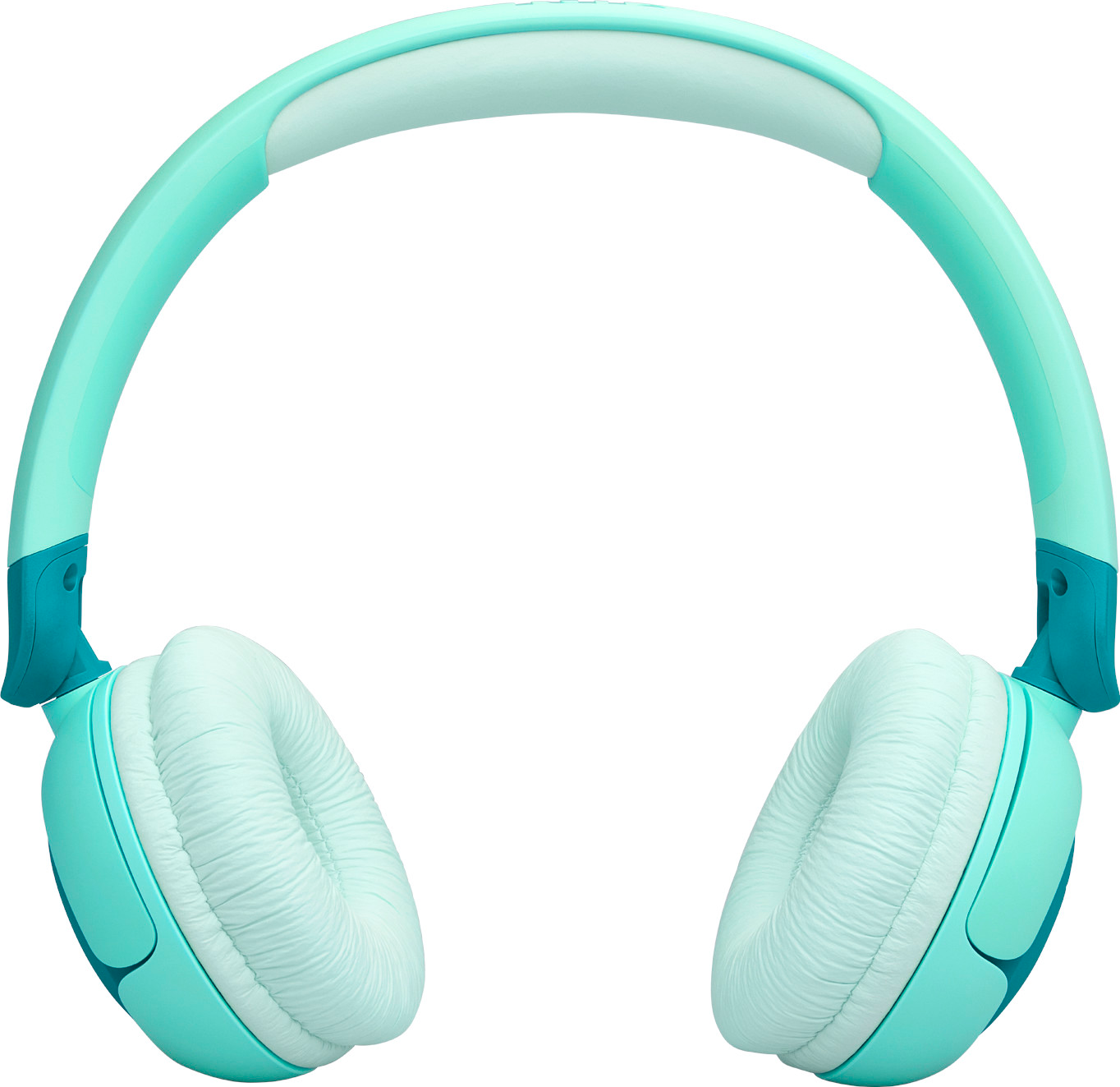 Casque vert menthe avec oreillettes blanches, isolé sur fond blanc, vue aérienne.