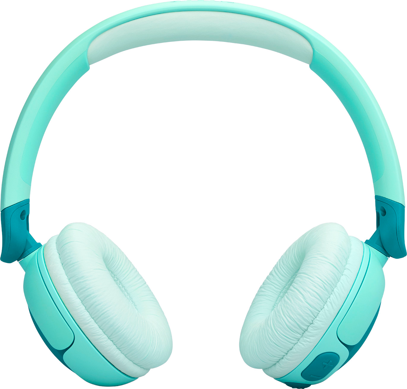 Une paire de casques JBL turquoise. Les oreillettes sont blanches, l'arceau est turquoise.
