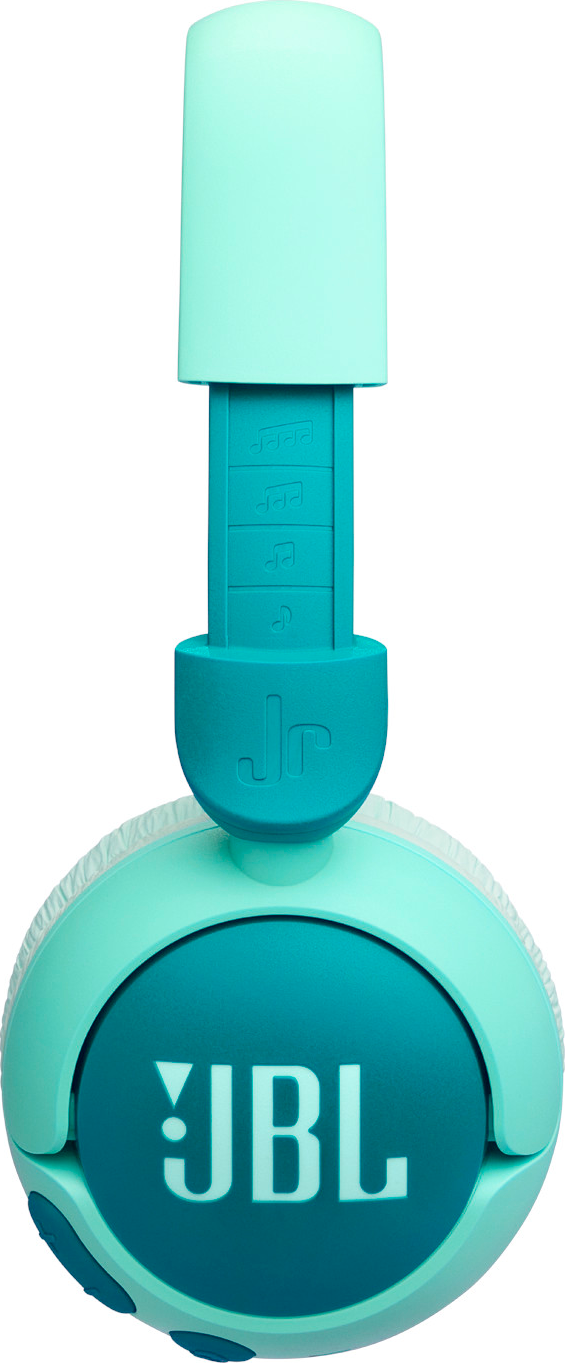 Casque JBL Jr. turquoise. Le casque est turquoise avec le logo JBL sur les écouteurs.