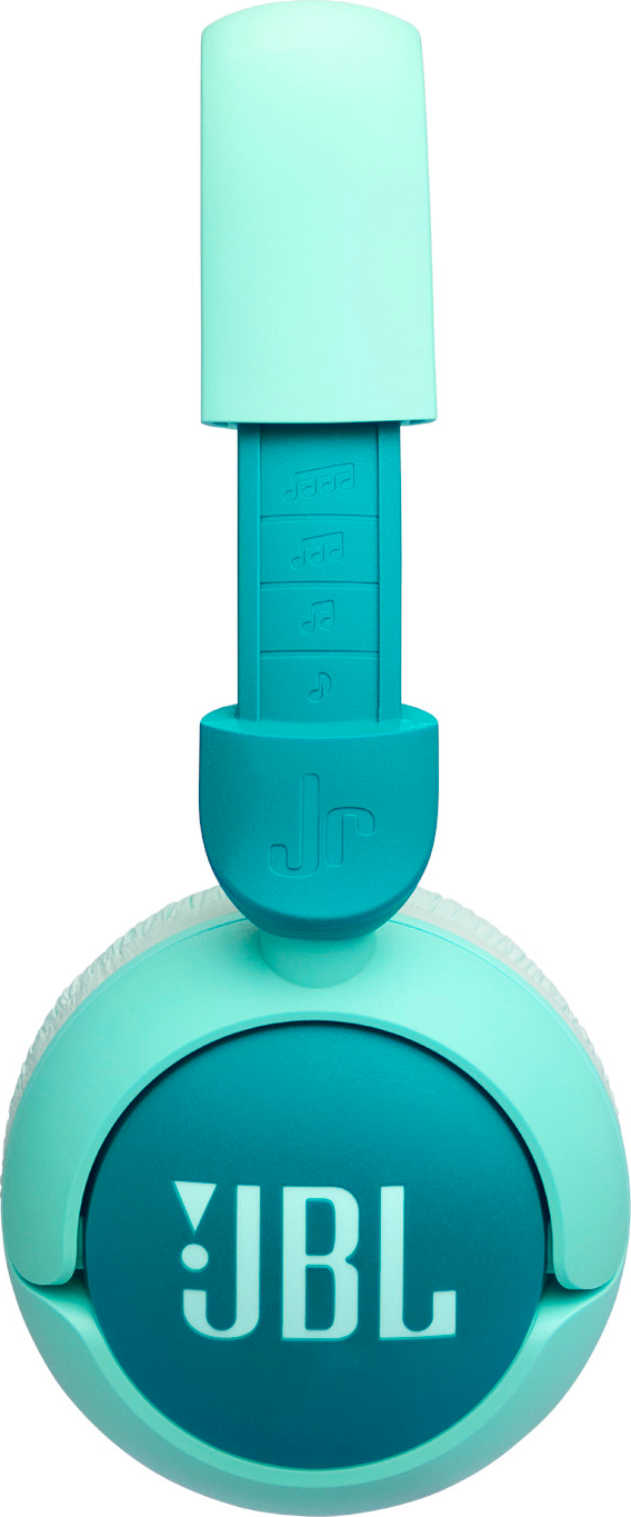 Casque JBL turquoise et blanc. Comporte le logo JBL.