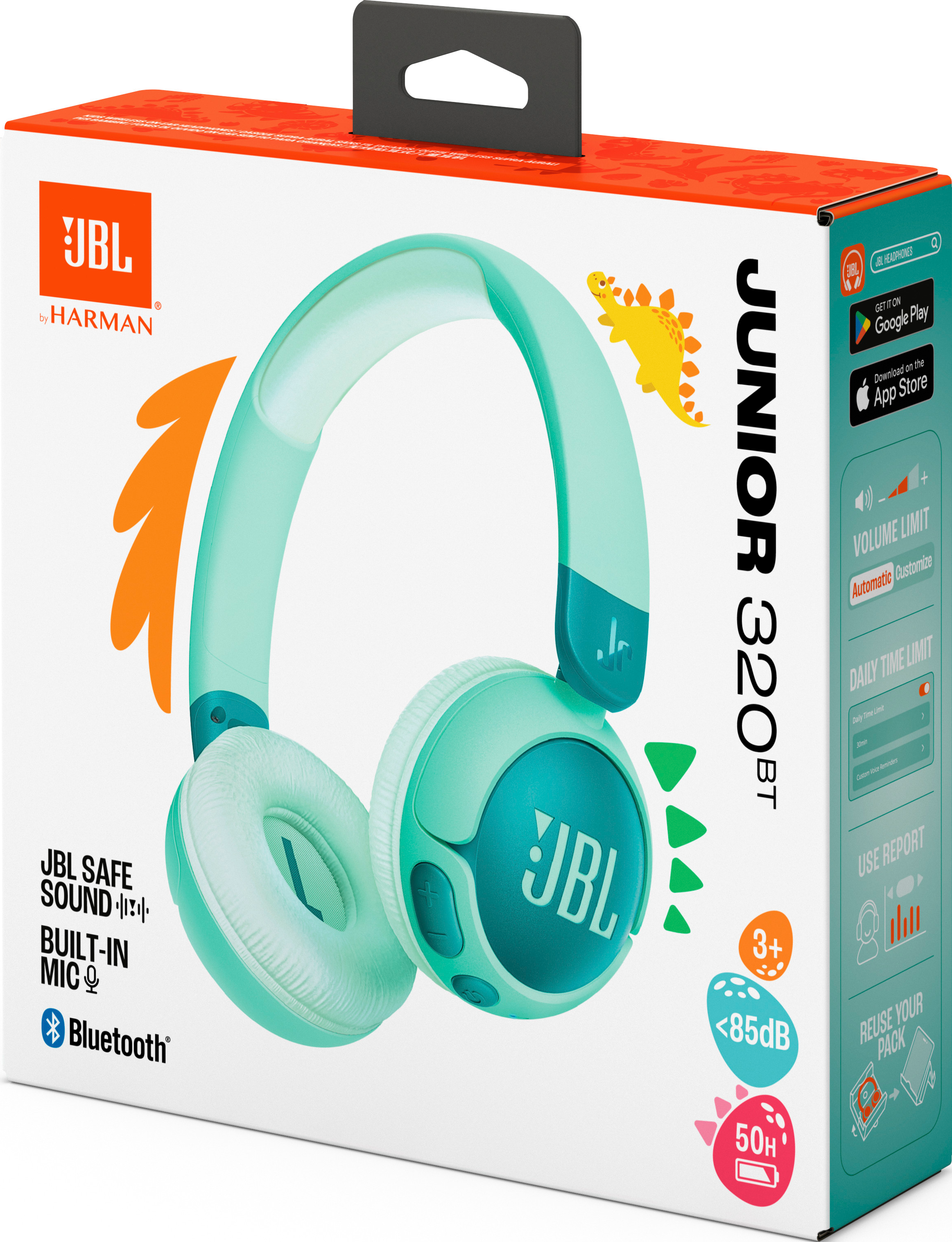 Boîte d'écouteurs JBL Junior 320BT, avec image de casque bleu-vert et graphiques de dessins animés.