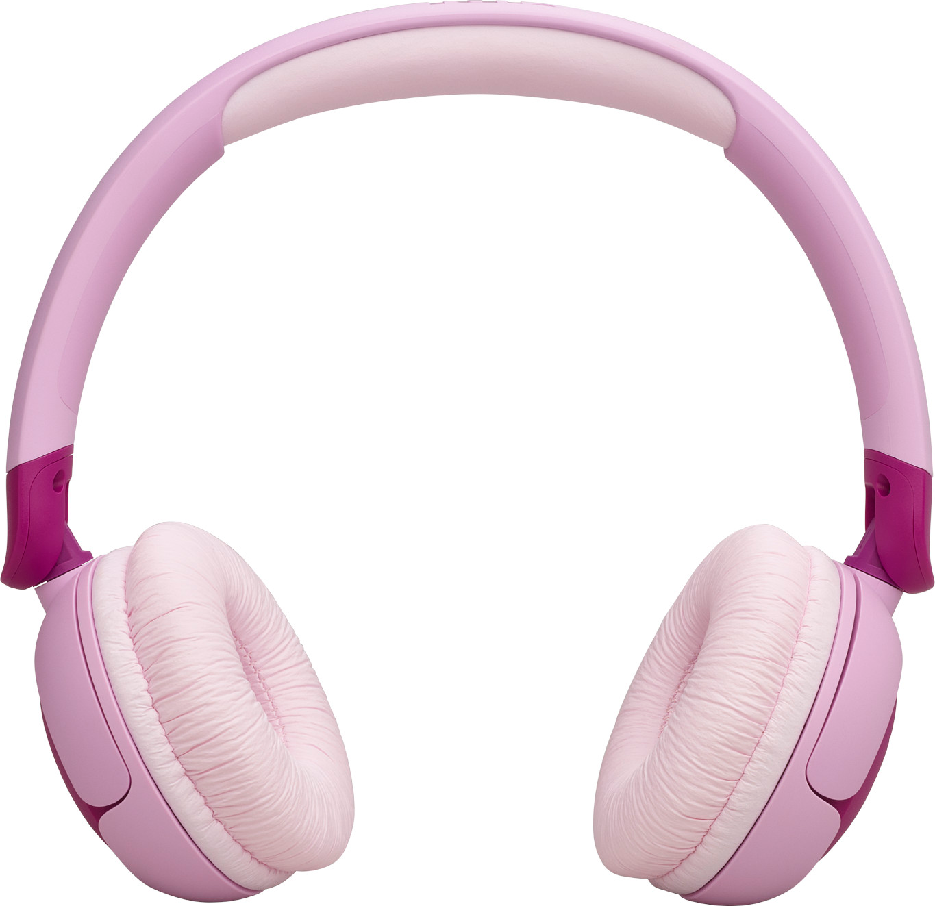 Casque rose avec coussinets d'oreille rose clair, bandeau blanc et accents rose foncé.