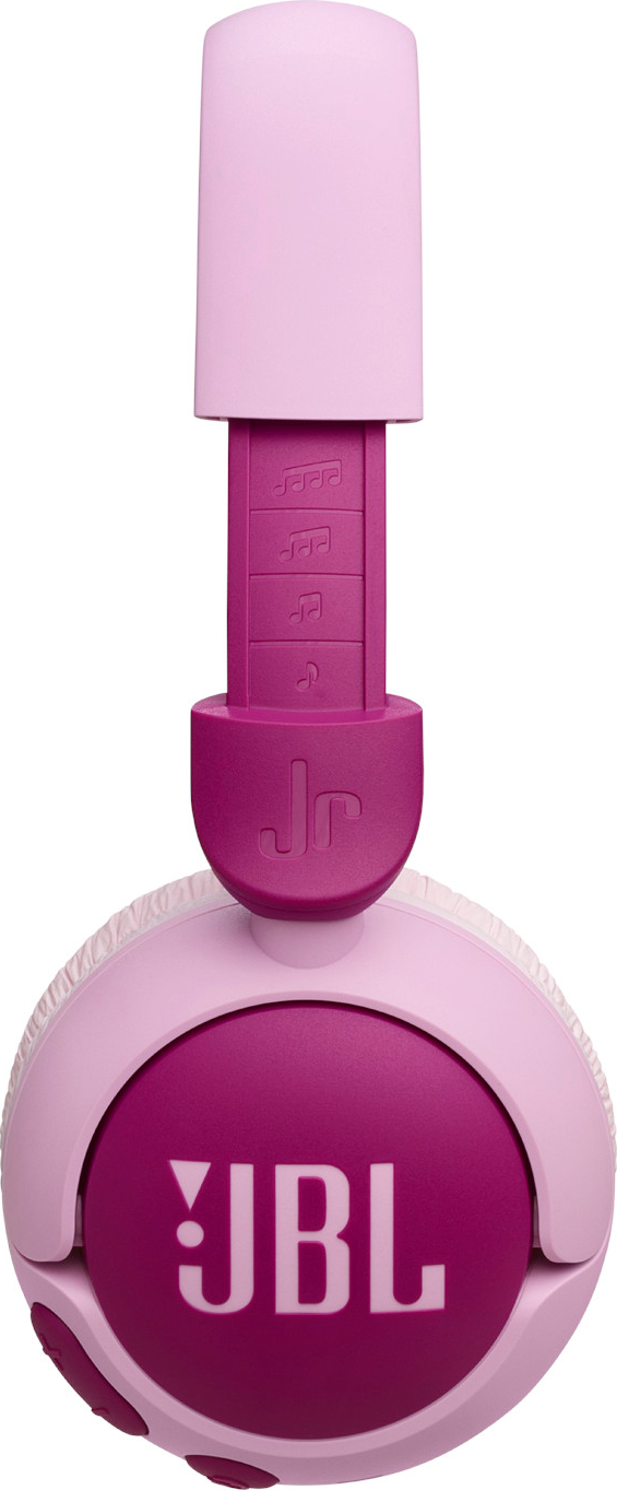 Casque JBL JR rose et violet. Le logo JBL est visible, ainsi que les symboles de notes sur le côté.