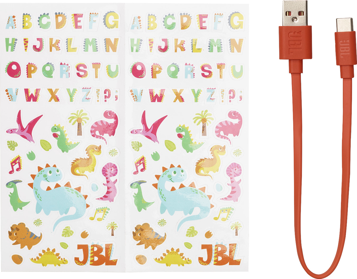 Autocollants avec lettres de l'alphabet, dinosaures et câble USB JBL rouge.