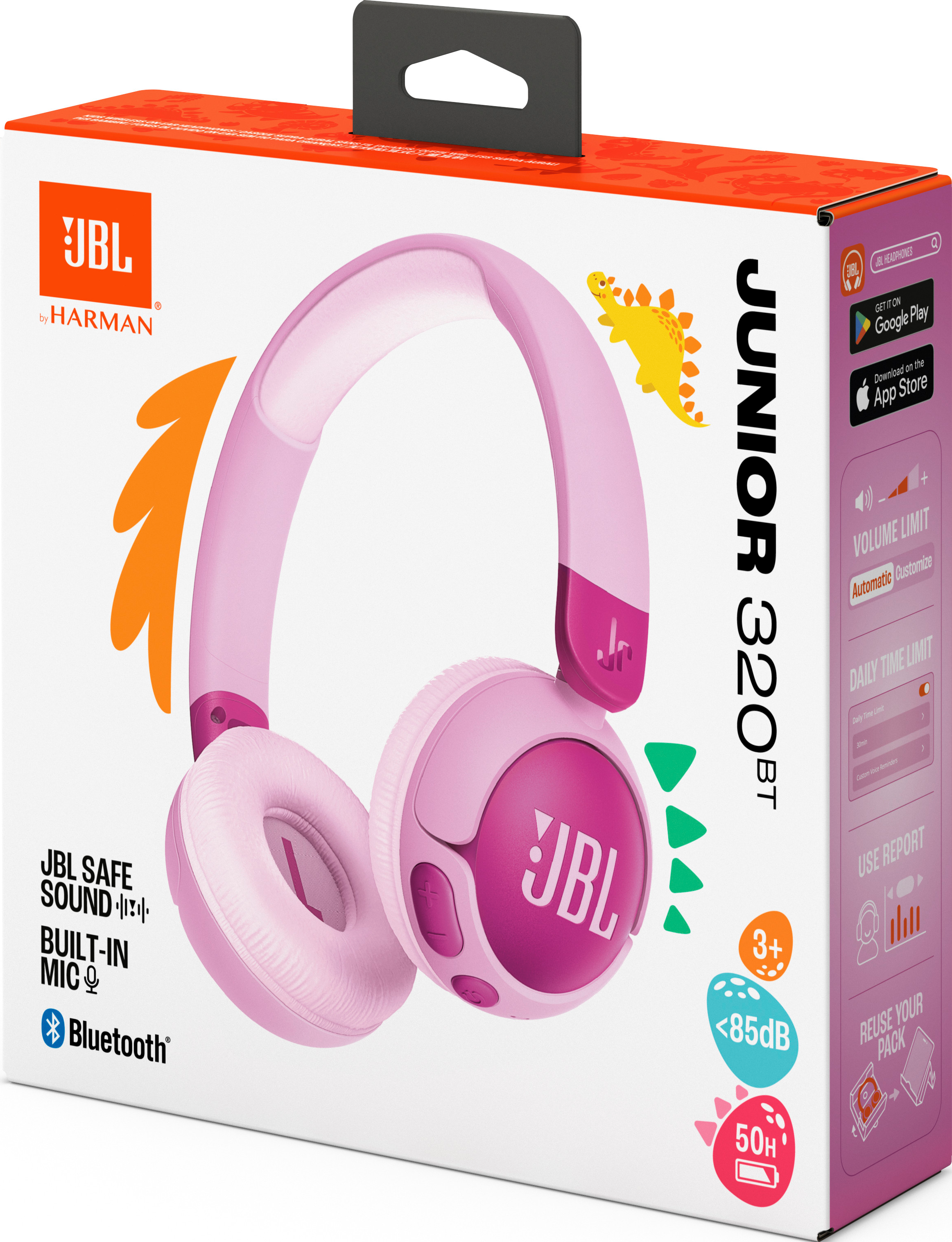 Casque JBL Junior 320BT rose dans une boîte avec un dinosaure de dessin animé.