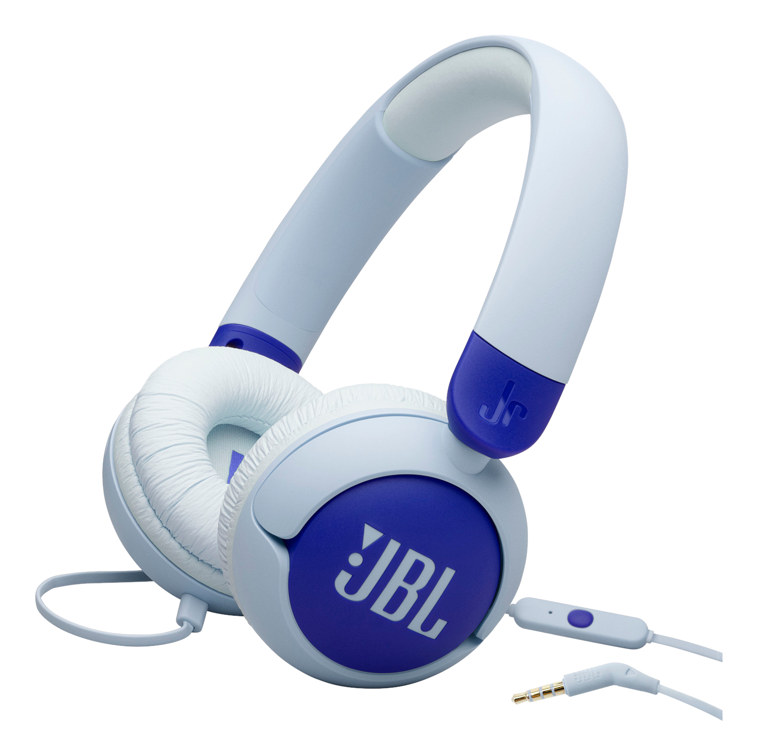 Blaue und weiße JBL Kopfhörer mit Kabel. Das JBL Logo ist sichtbar.