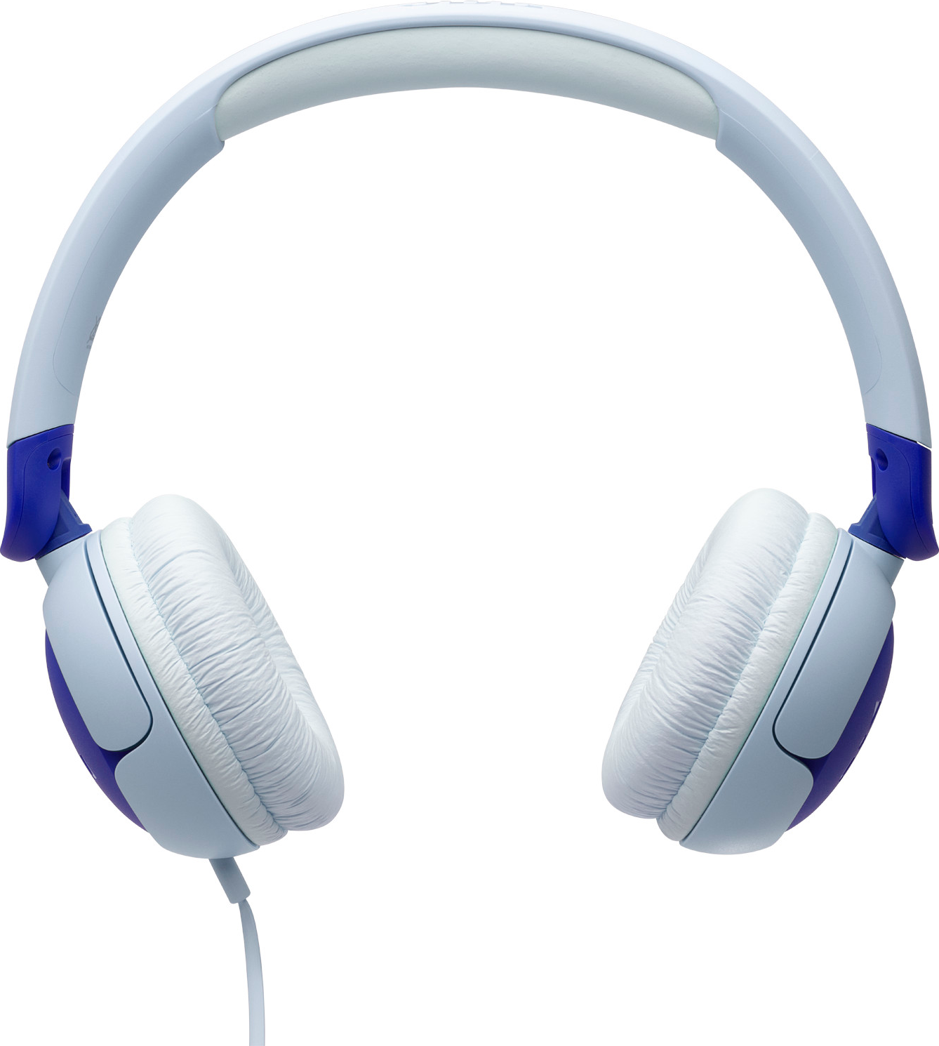 Hellblaue Kopfhörer mit weißen Ohrmuscheln und Kabel.