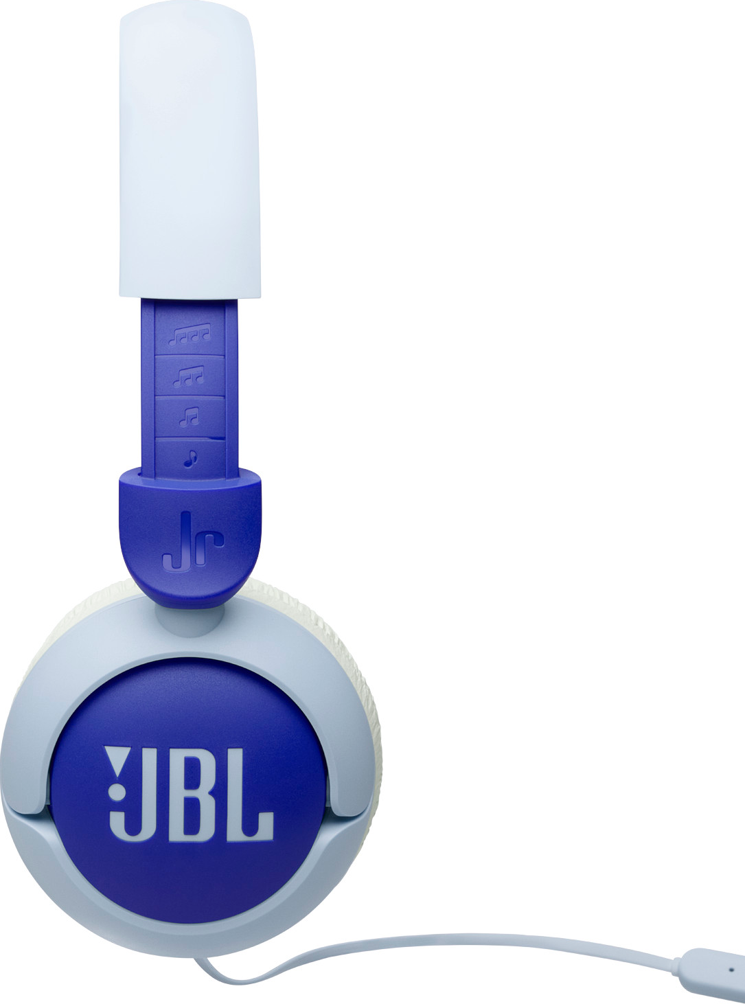 JBL Jr Kopfhörer, weiß und blau, mit Notensymbolen und Kabel.