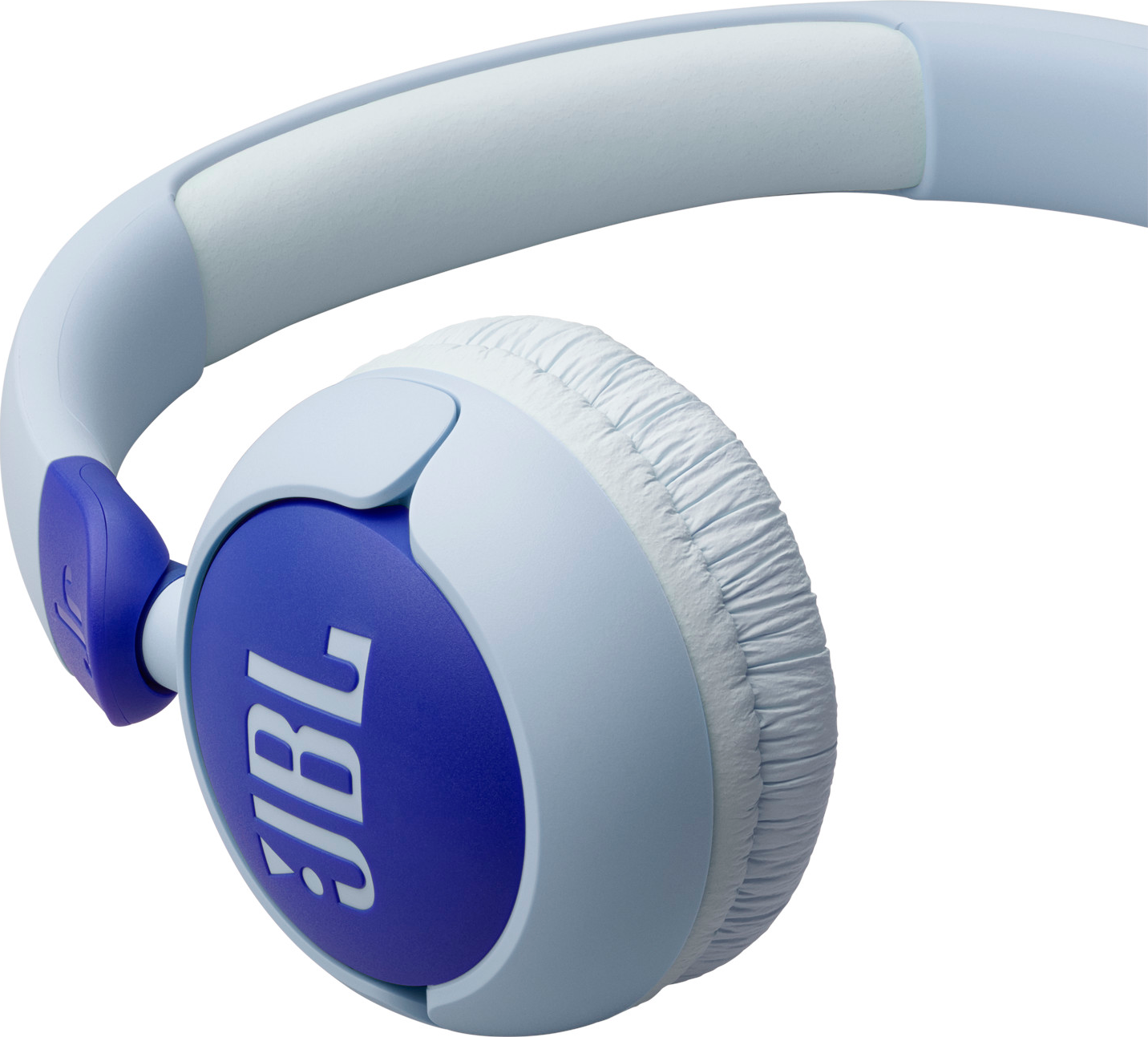Blaue und graue JBL-Kopfhörer, Nahaufnahme, weißer Hintergrund.