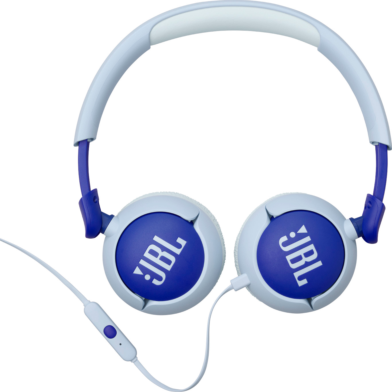 Weiße und blaue Kopfhörer mit JBL-Logo. Ein Controller und ein weißes Kabel sind sichtbar.