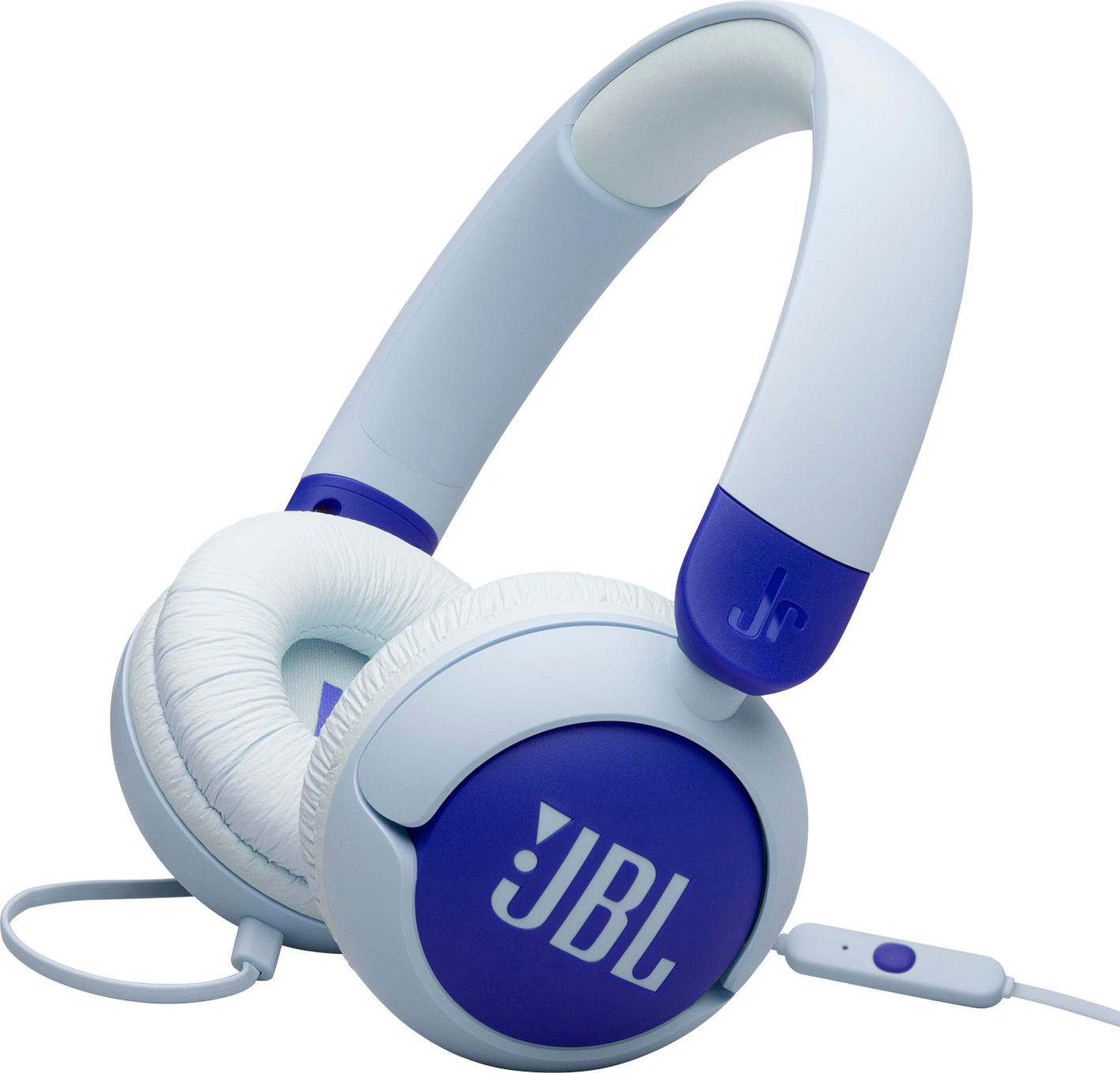 Hellblaue und dunkelblaue JBL Jr. Kopfhörer mit weißen Ohrmuscheln.