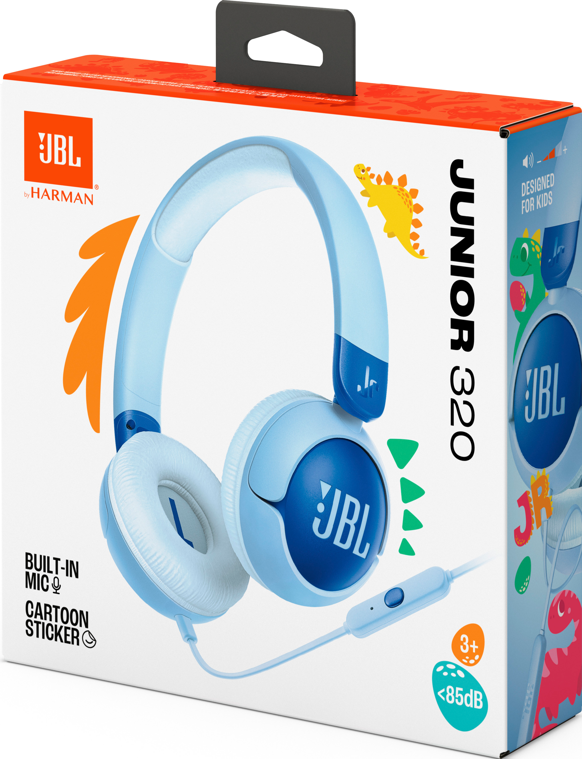 JBL Junior 320 Kopfhörer, hellblau, in einer Box. Die Box hat Bilder von Dinosauriern und einem Kind.