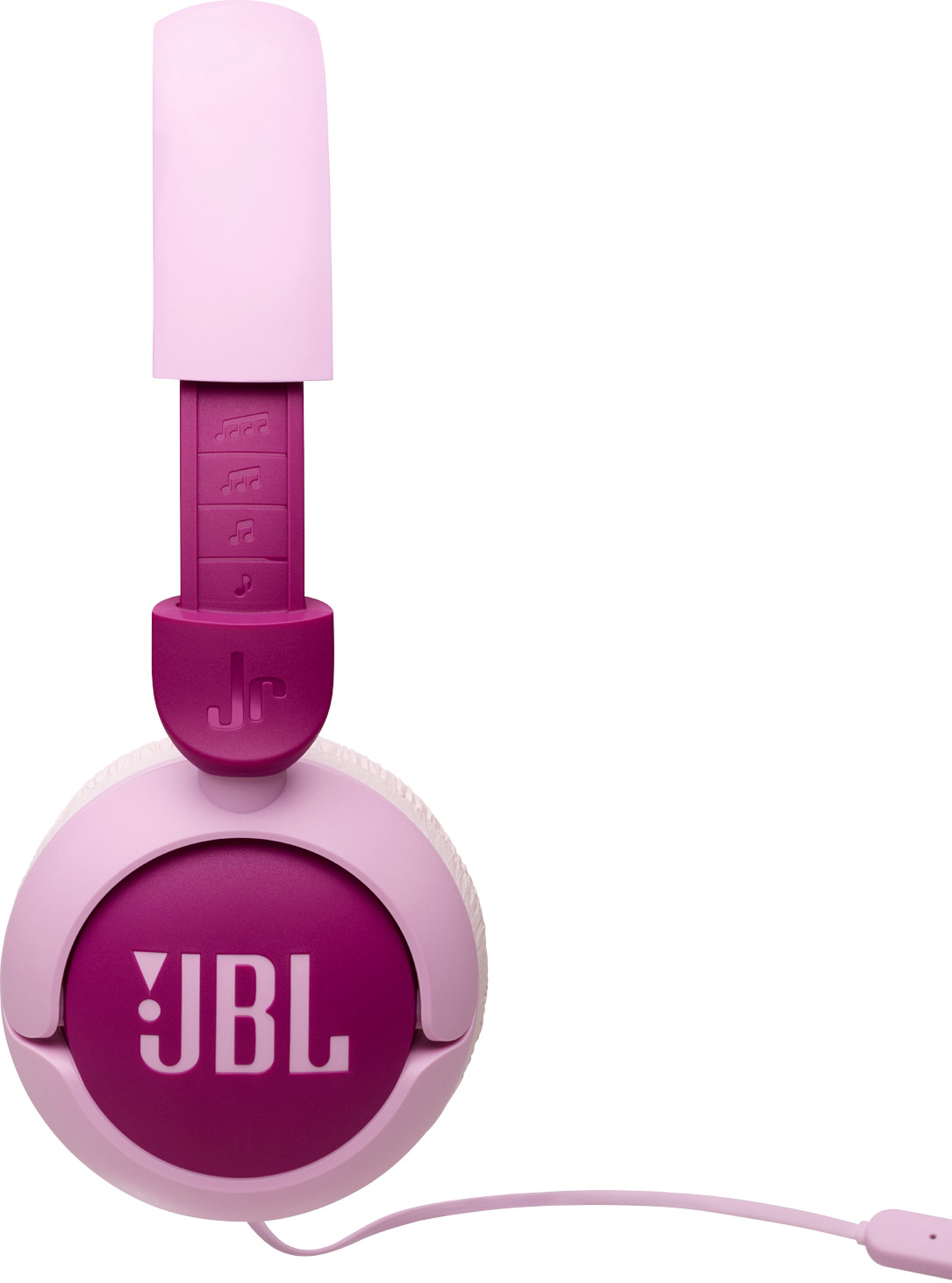Rosa und lila JBL-Kopfhörer mit Kabel. Weißer Hintergrund.