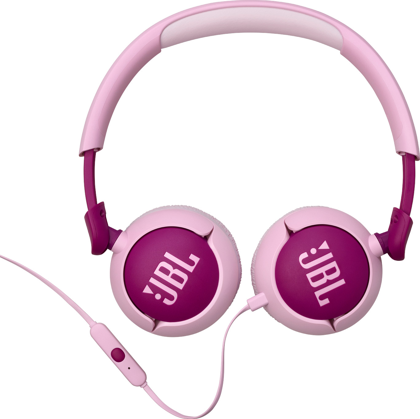Rosa JBL-Kopfhörer. Over-Ear-Design, mit rosa Bügel und Ohrmuscheln und rosa Kabel.