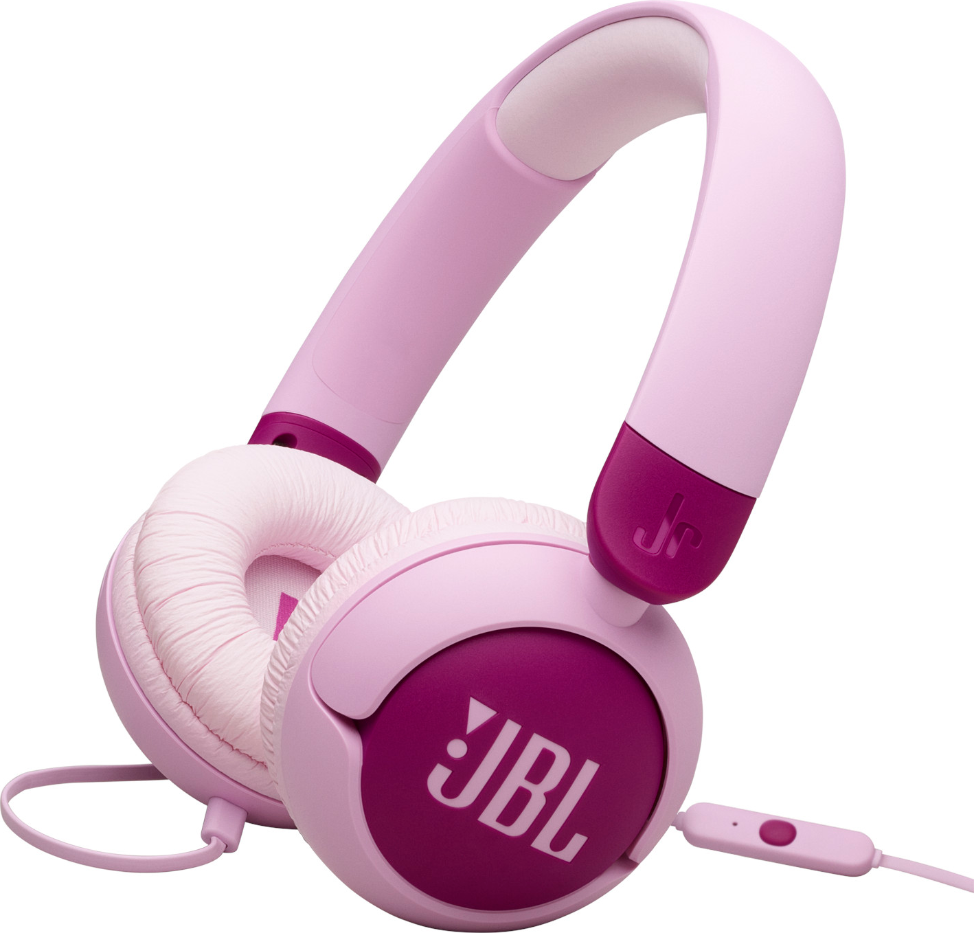 Rosa JBL-Kopfhörer mit rosa Bügel und Ohrmuscheln und einem lila JBL-Logo.