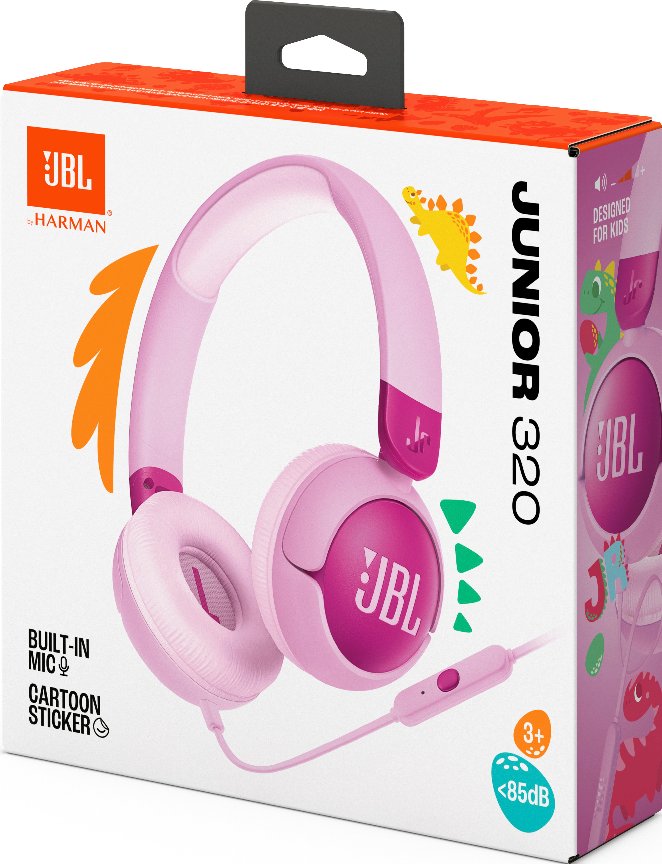 Pinke JBL Junior 320 Kopfhörer in Box mit Cartoon-Aufklebern.