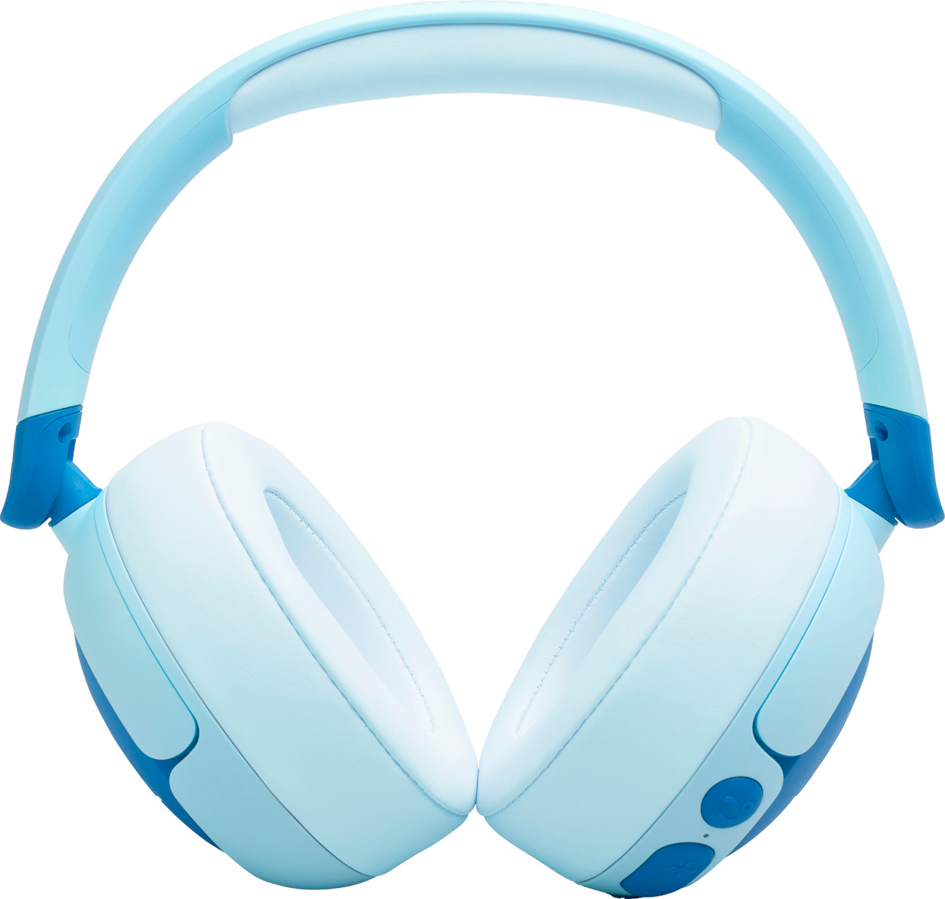Blaue Kopfhörer mit hellblauem Stirnband und Ohrmuscheln, auf weißem Hintergrund.