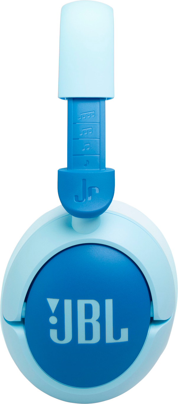 Blaue JBL Jr. Kopfhörer. Die Kopfhörer sind blau mit dem JBL-Logo auf den Ohrmuscheln.