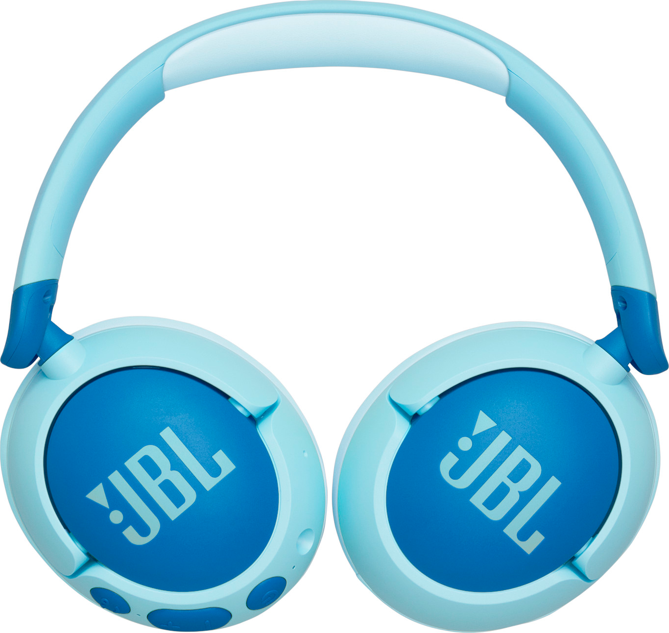 Blaue und hellblaue JBL-Kopfhörer. Die Ohrmuscheln sind blau mit weißem JBL-Logo, der Bügel hellblau.