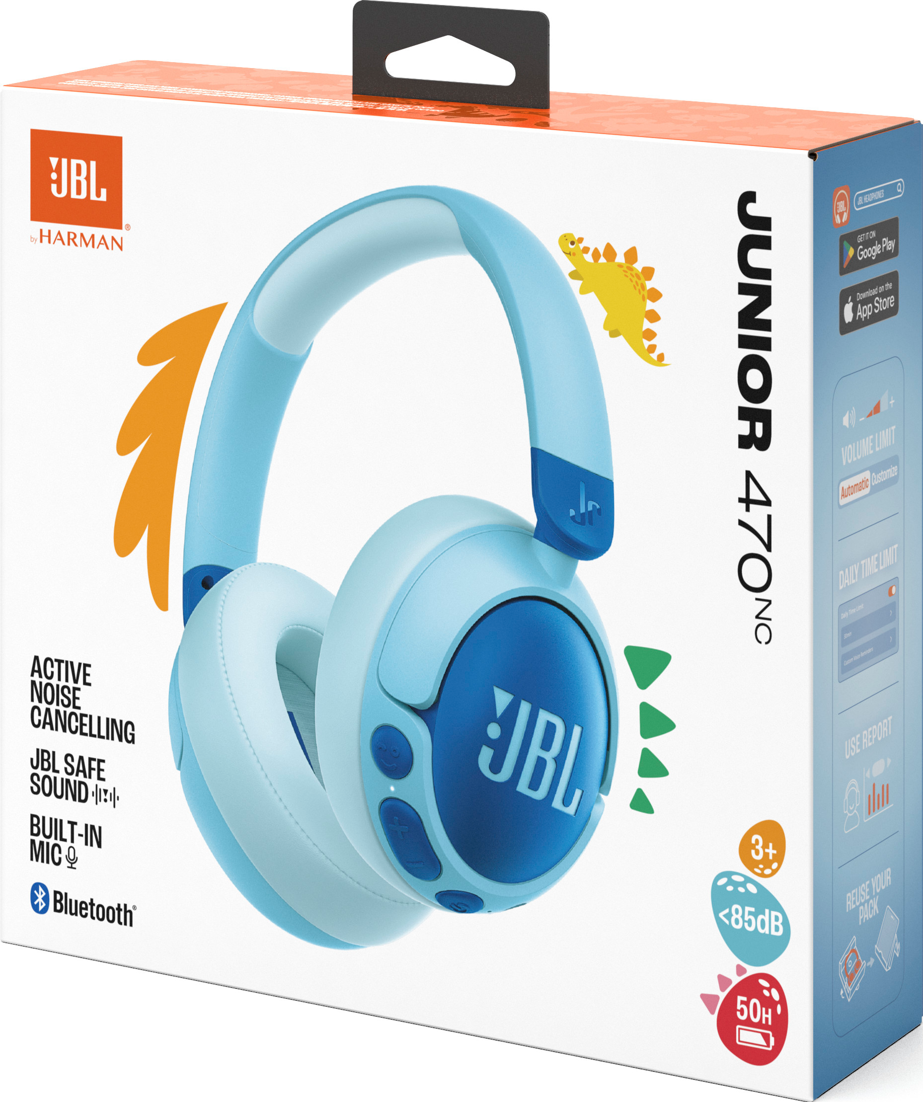JBL Junior 470NC Kopfhörer auf einer Schachtel, mit blau-weißem Design und Dinosauriergrafiken.