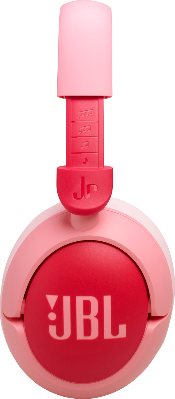 Rosa und rote JBL JR Kopfhörer. Das Kopfband ist rosa, die Ohrmuscheln rosa und rot mit dem JBL-Logo.