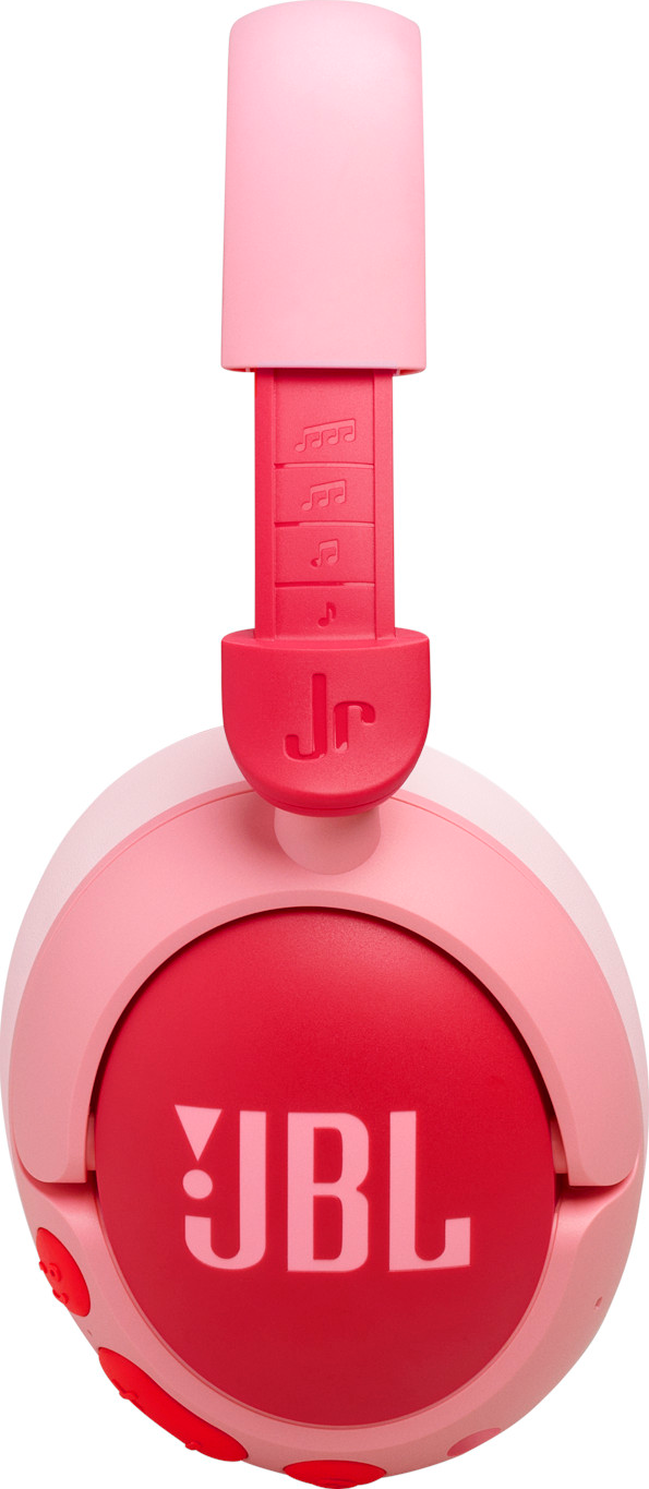 Rosa JBL Jr Kopfhörer mit roten Akzenten. Verstellbarer Kopfbügel und Ohrmuscheln.
