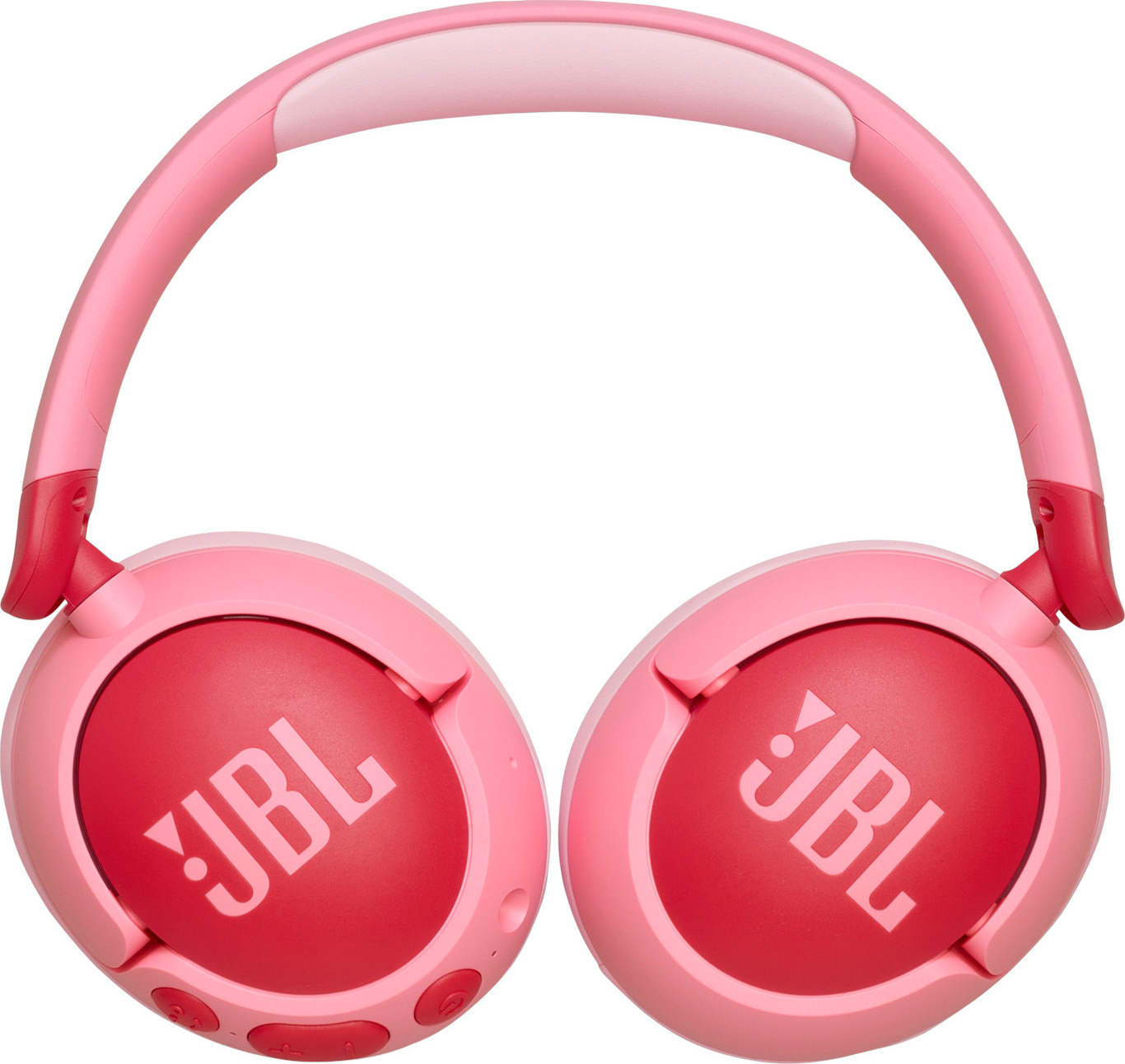 Pinke JBL-Kopfhörer mit roten Ohrmuscheln und weißem Kopfbügel.