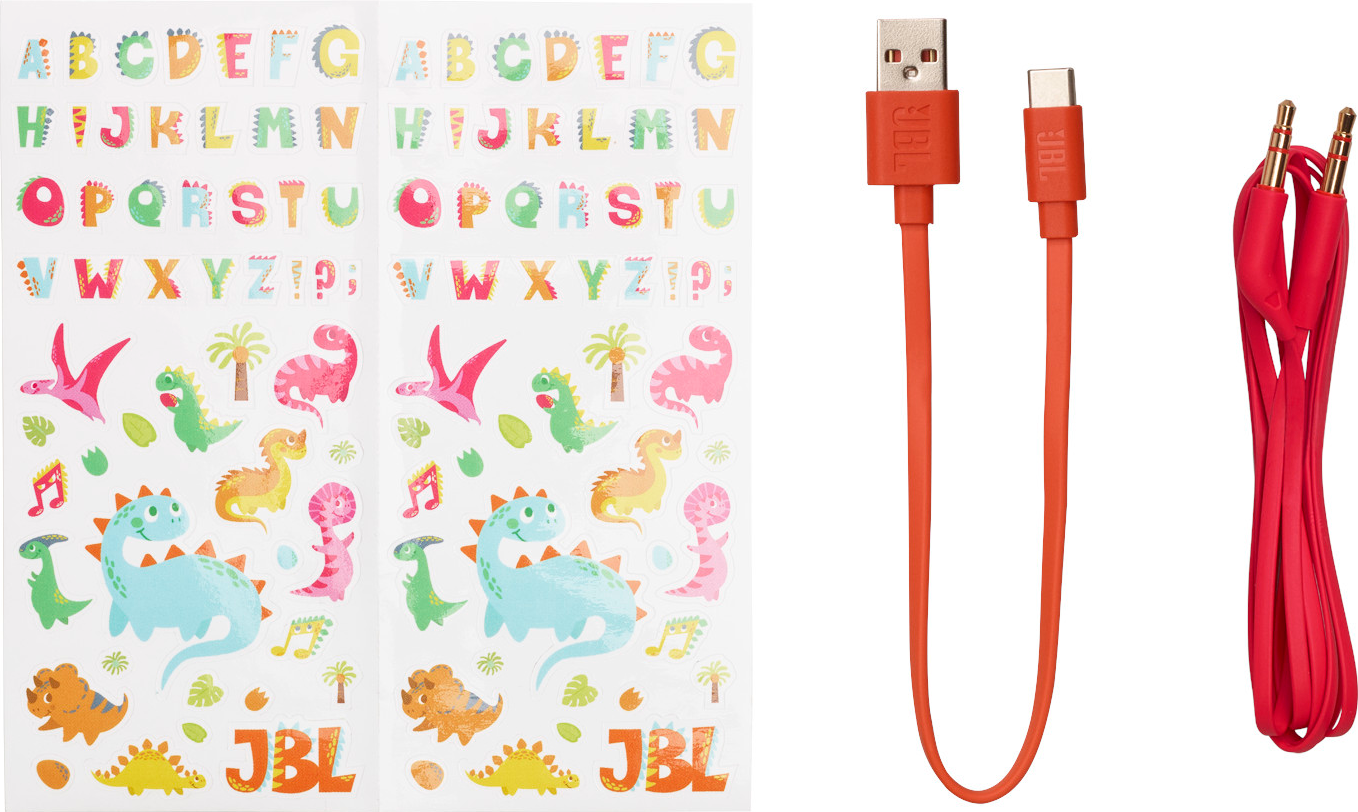Aufkleber mit Buchstaben, Zahlen und Dinosauriern. Orangefarbene USB- und Audiokabel ebenfalls.