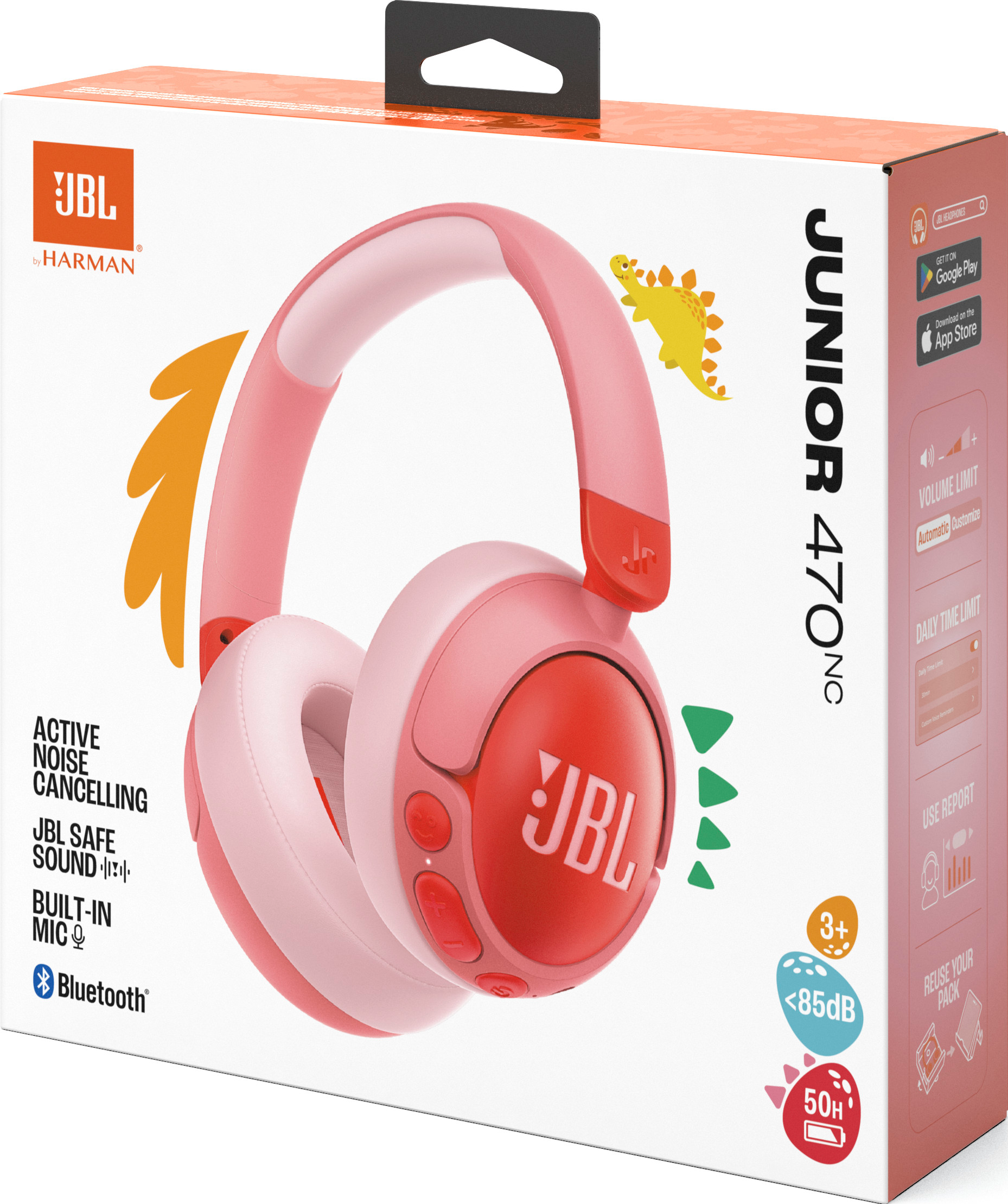 Rosa JBL Kopfhörer in einer Box mit Funktionen, einschließlich Geräuschunterdrückung.