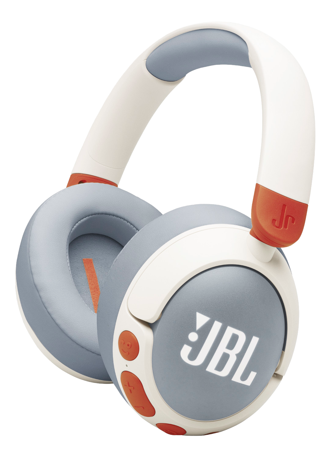 Grau-weiße JBL Jr. Kopfhörer mit orangen Akzenten. Over-Ear-Kopfhörer.