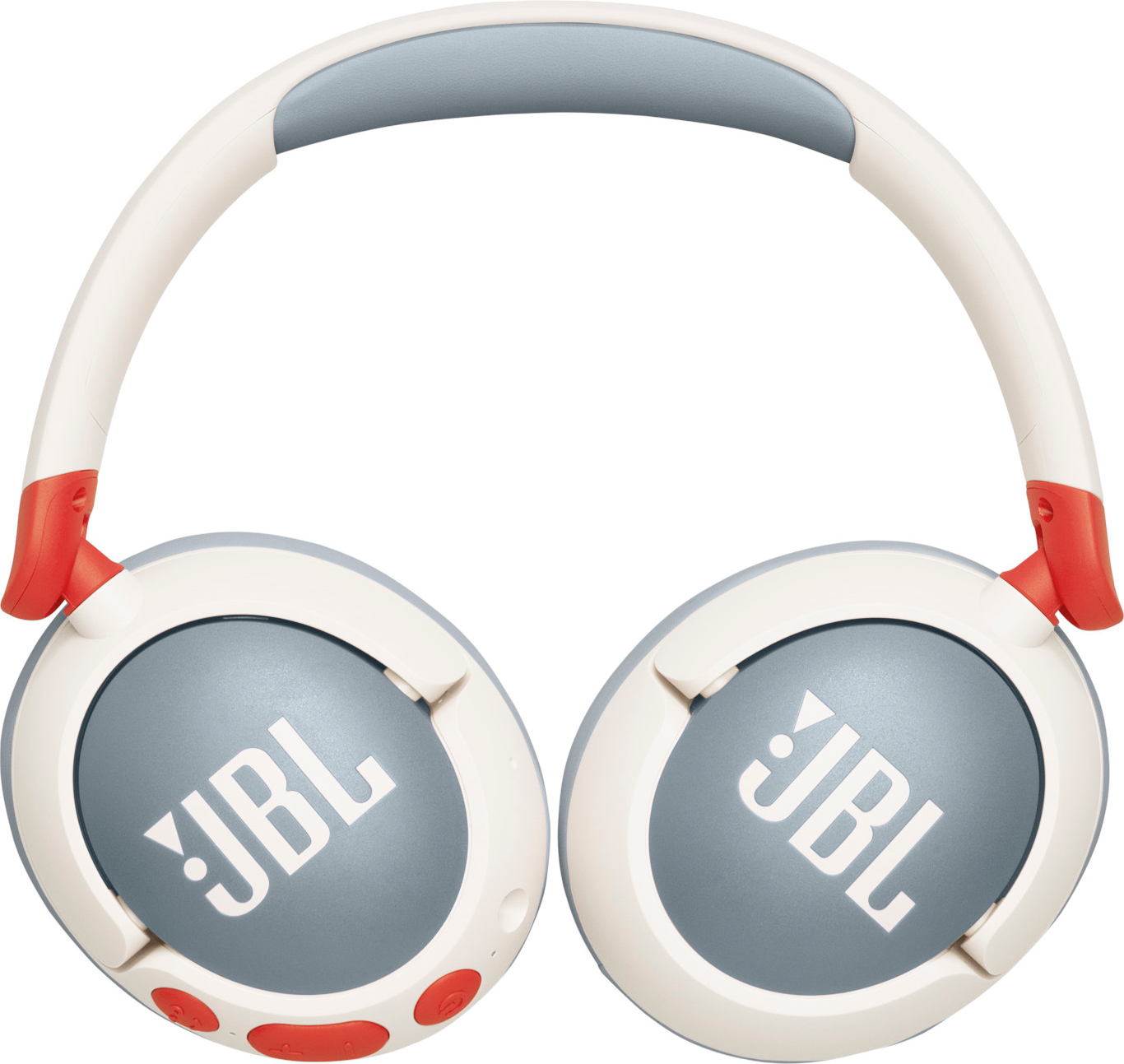 Weiße und graue JBL-Kopfhörer mit roten Akzenten. JBL-Logo auf den Ohrmuscheln. Weißer Hintergrund.