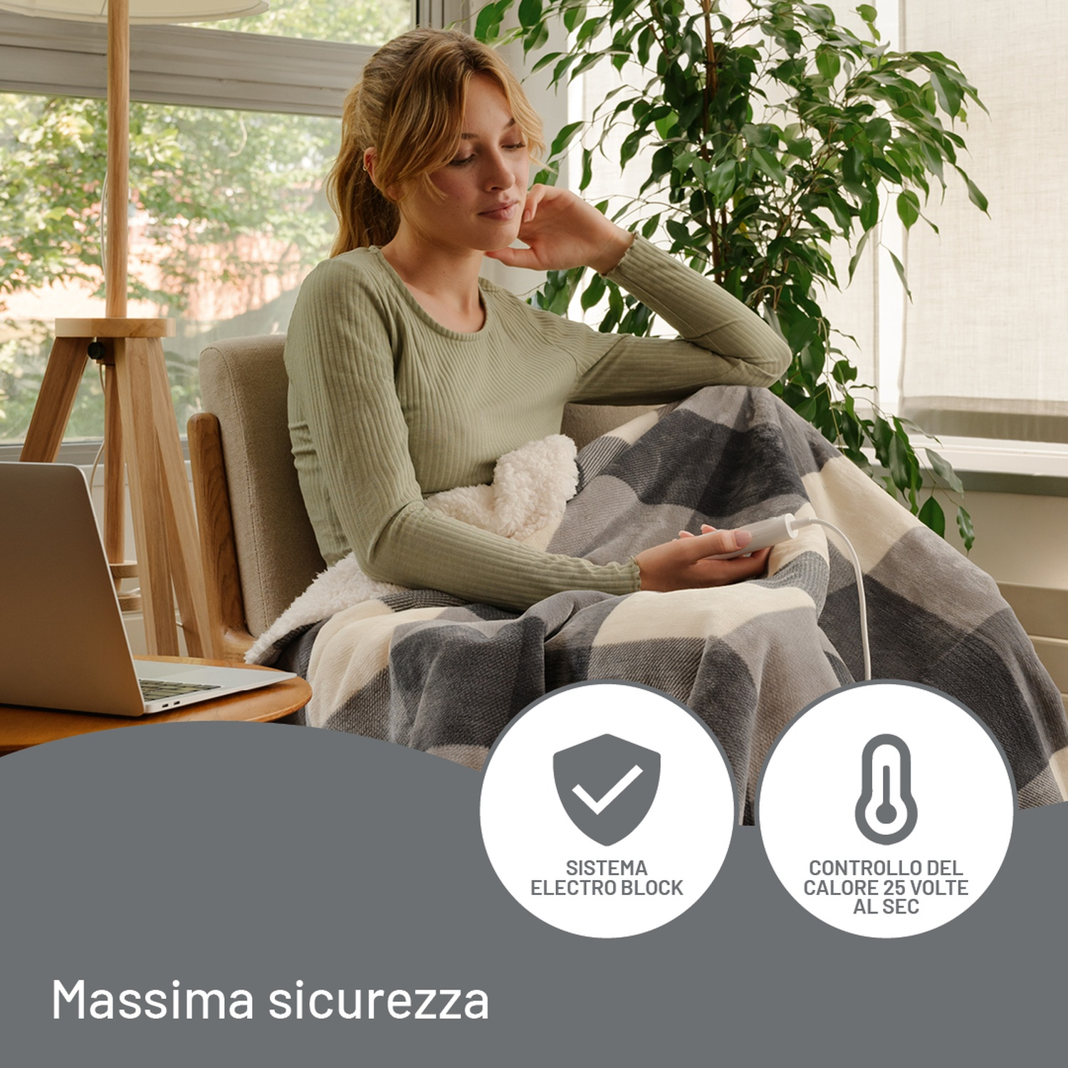 Donna in una stanza, seduta su una sedia, con una coperta. Sotto, icone sulla sicurezza.
