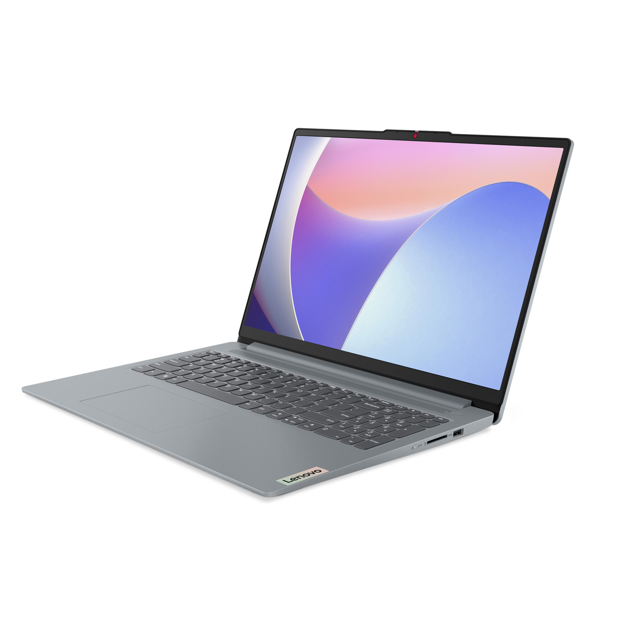 Grauer Lenovo Laptop, geöffnet, auf weißem Hintergrund. Kamera oben.