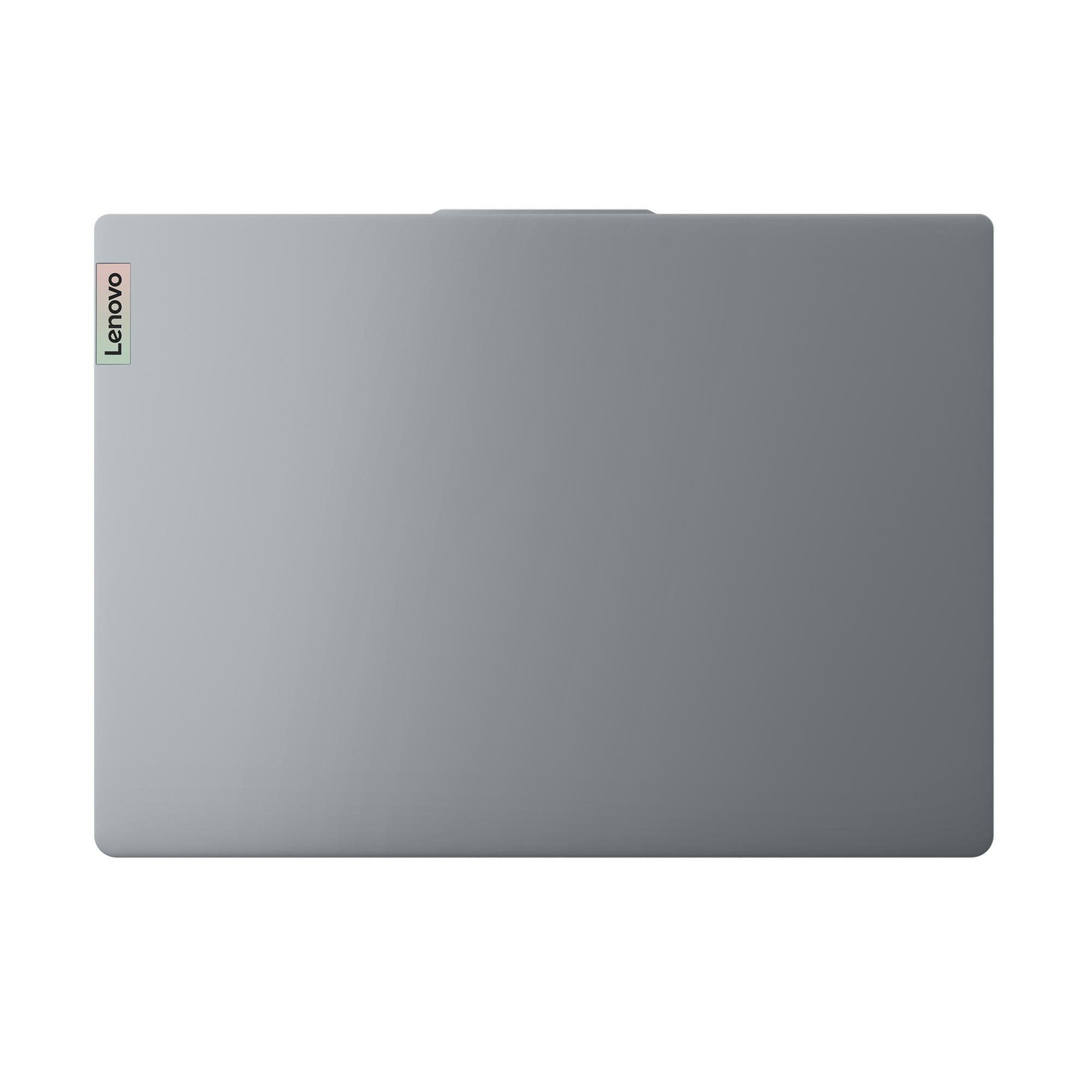 Grauer Laptop mit Lenovo-Logo links oben.