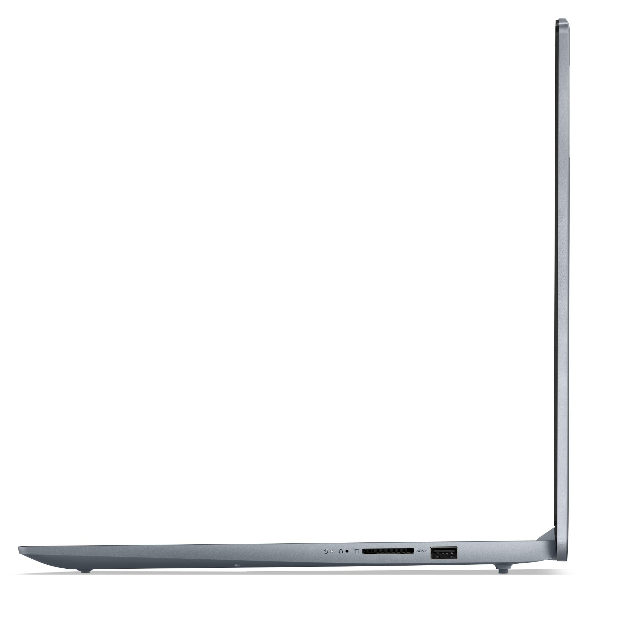 Laptop-Seitenansicht, graue Farbe, dünnes Design, weißer Hintergrund.