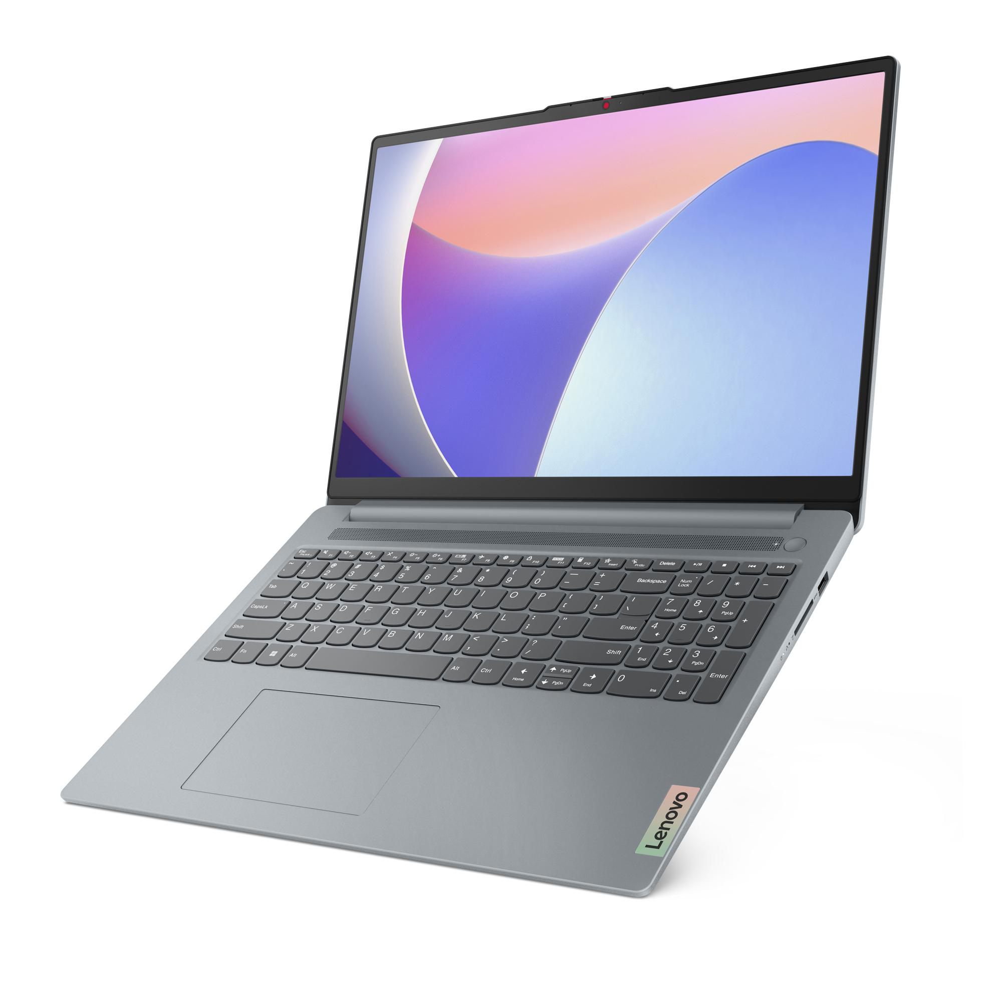 Ein grauer Laptop mit einem Bildschirm, der ein farbenfrohes abstraktes Bild zeigt.