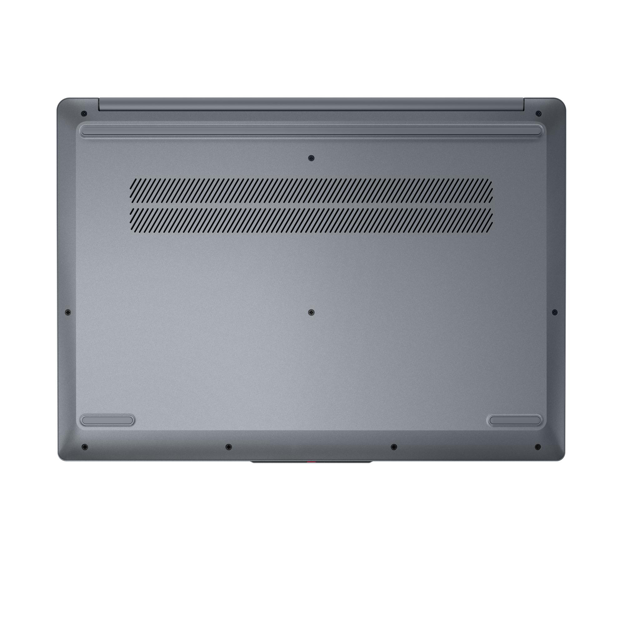 Die graue Unterseite eines Laptops zeigt Lüftungsschlitze, Schrauben und einen roten Streifen.