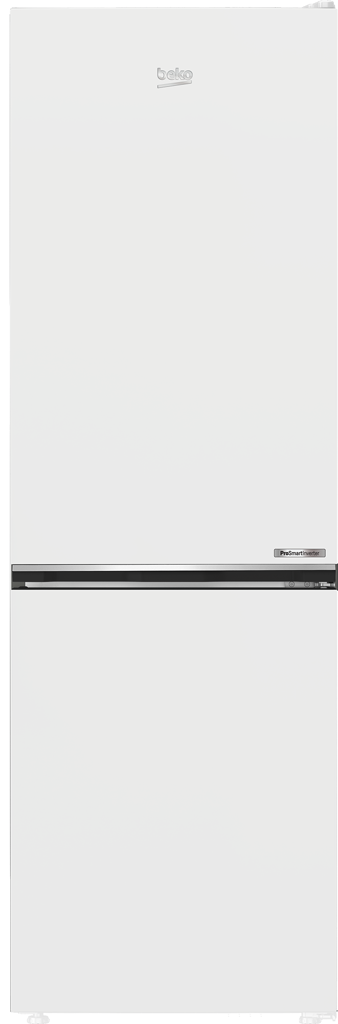 Refrigerador Beko blanco con manija negra y logotipo Beko en la parte superior.