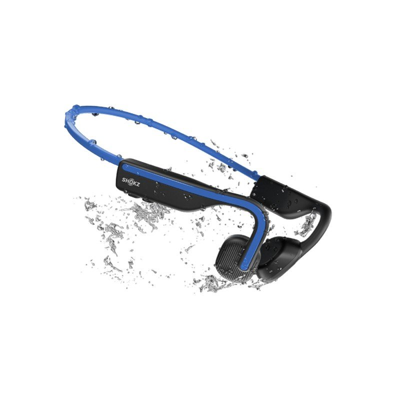 Auriculares Shokz azules y negros con efecto de salpicaduras de agua, diseñados para deportes y actividades al aire libre.