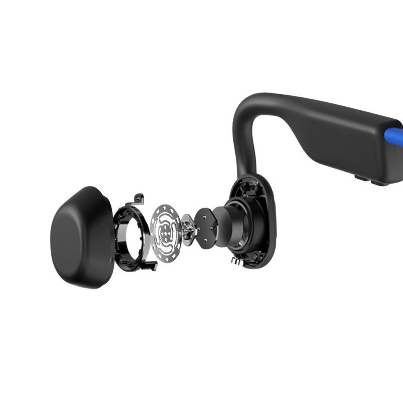 Vista explosionada de auriculares que muestra componentes: auricular, altavoz y micrófono.