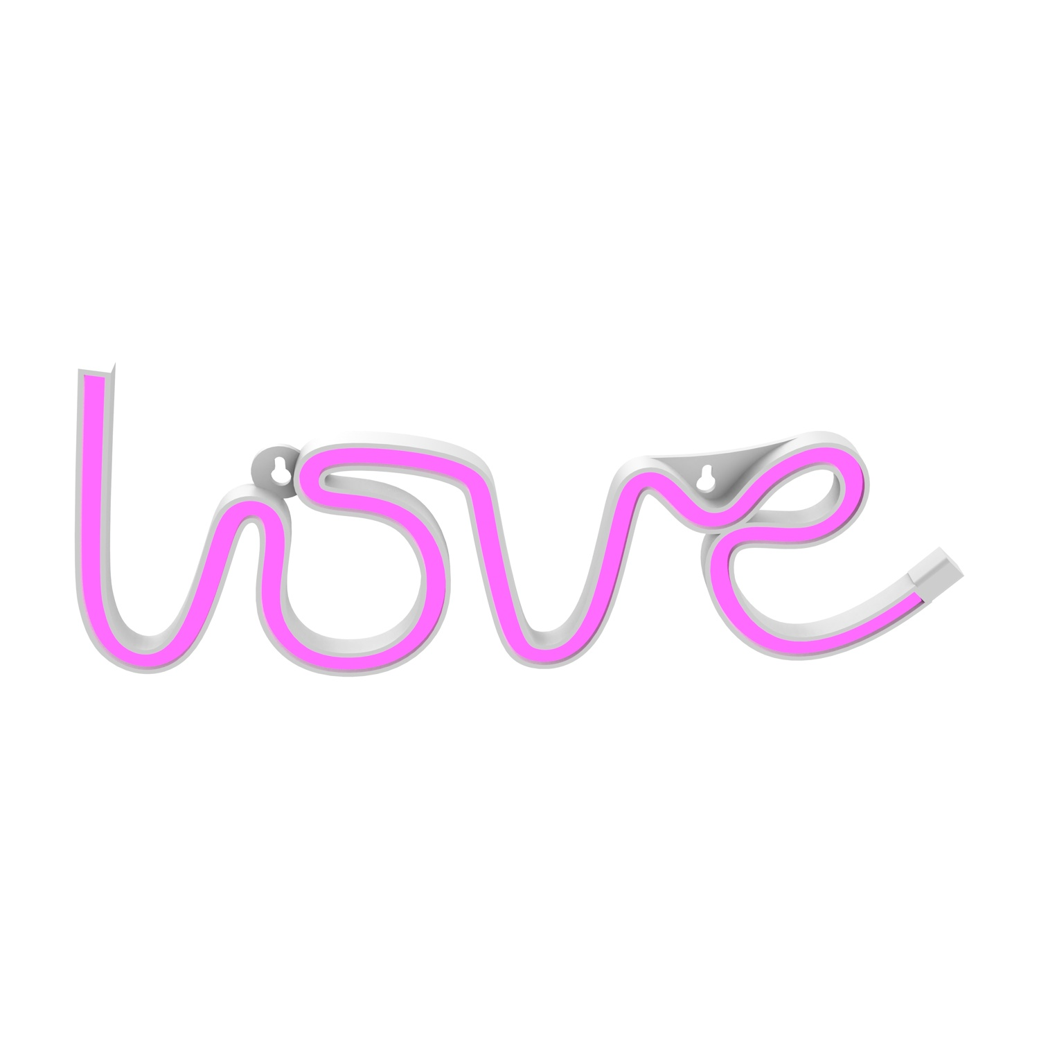 Un'insegna al neon rosa che dice 'love'. Sfondo bianco.