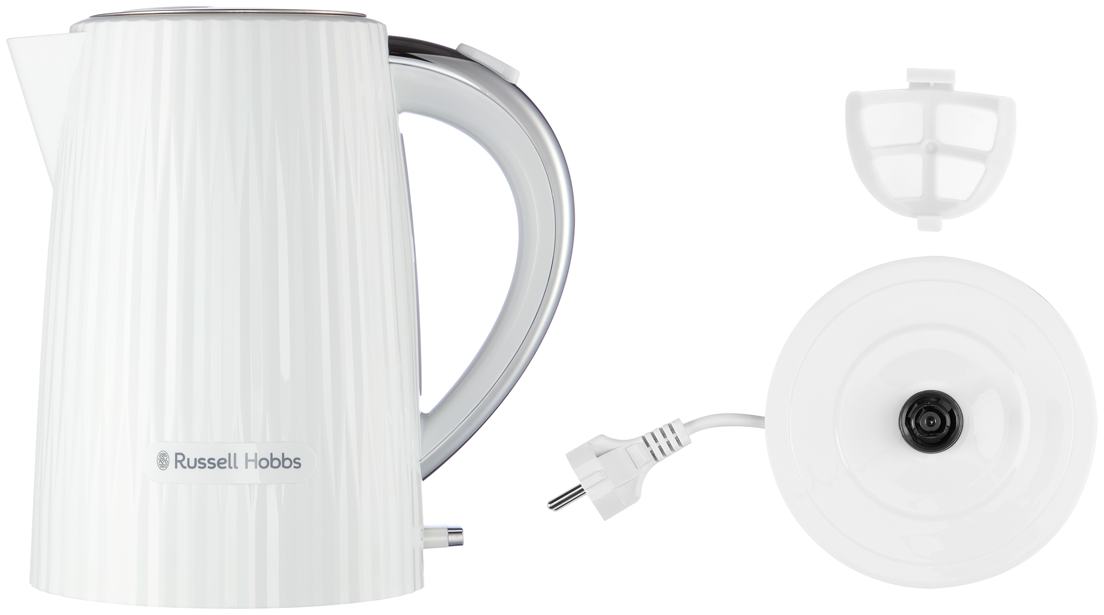 Egy fehér Russell Hobbs elektromos vízforraló, fogantyúval, kifolyócsővel és egy levehető fehér szűrővel.